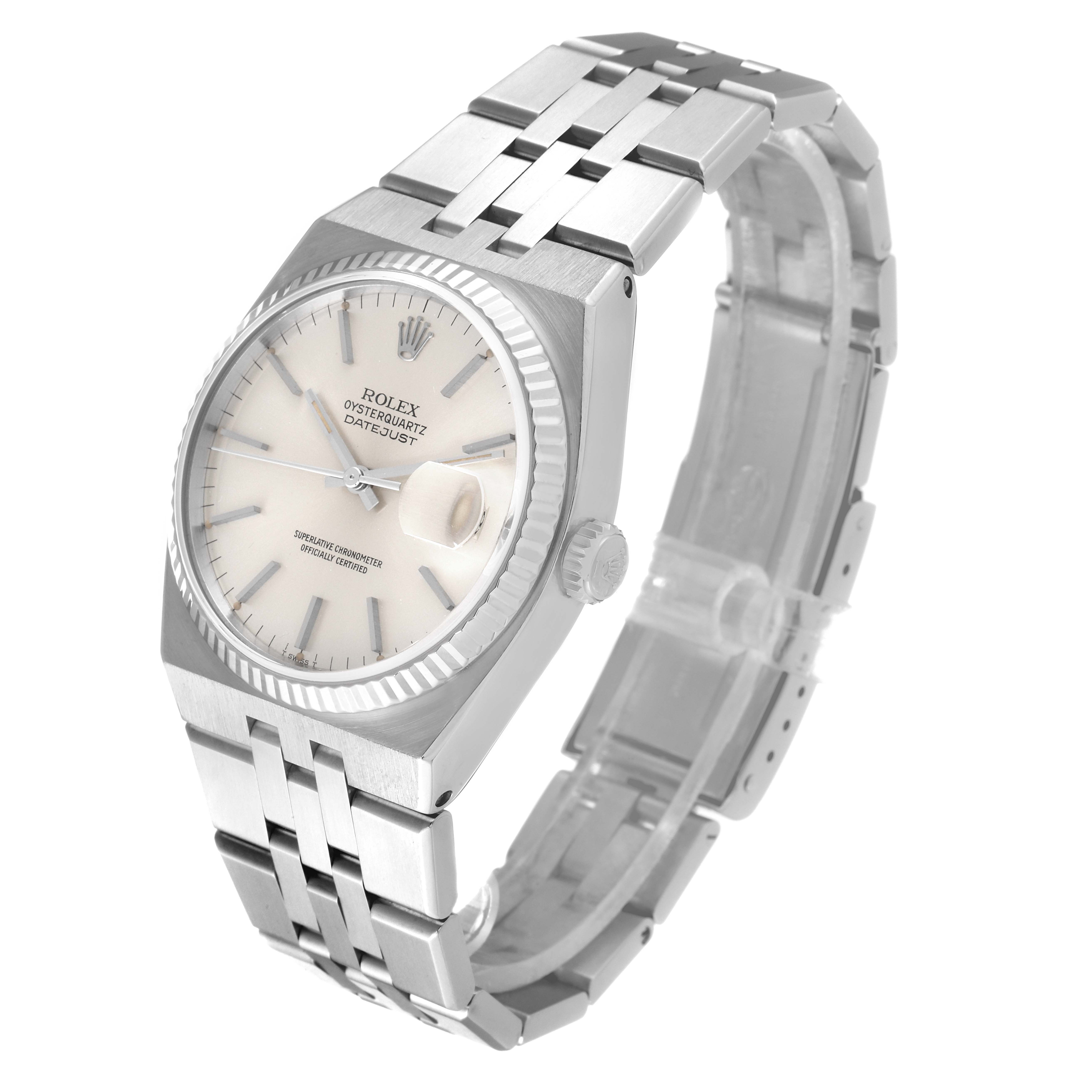 The Rolex Oysterquartz 17014 Men
s Stainless Steel Silver Dial 17014 Men
s Stainless Steel Silver Dial watch is shown at a three-quarter angle, highlighting its dial, bezel, and bracelet.