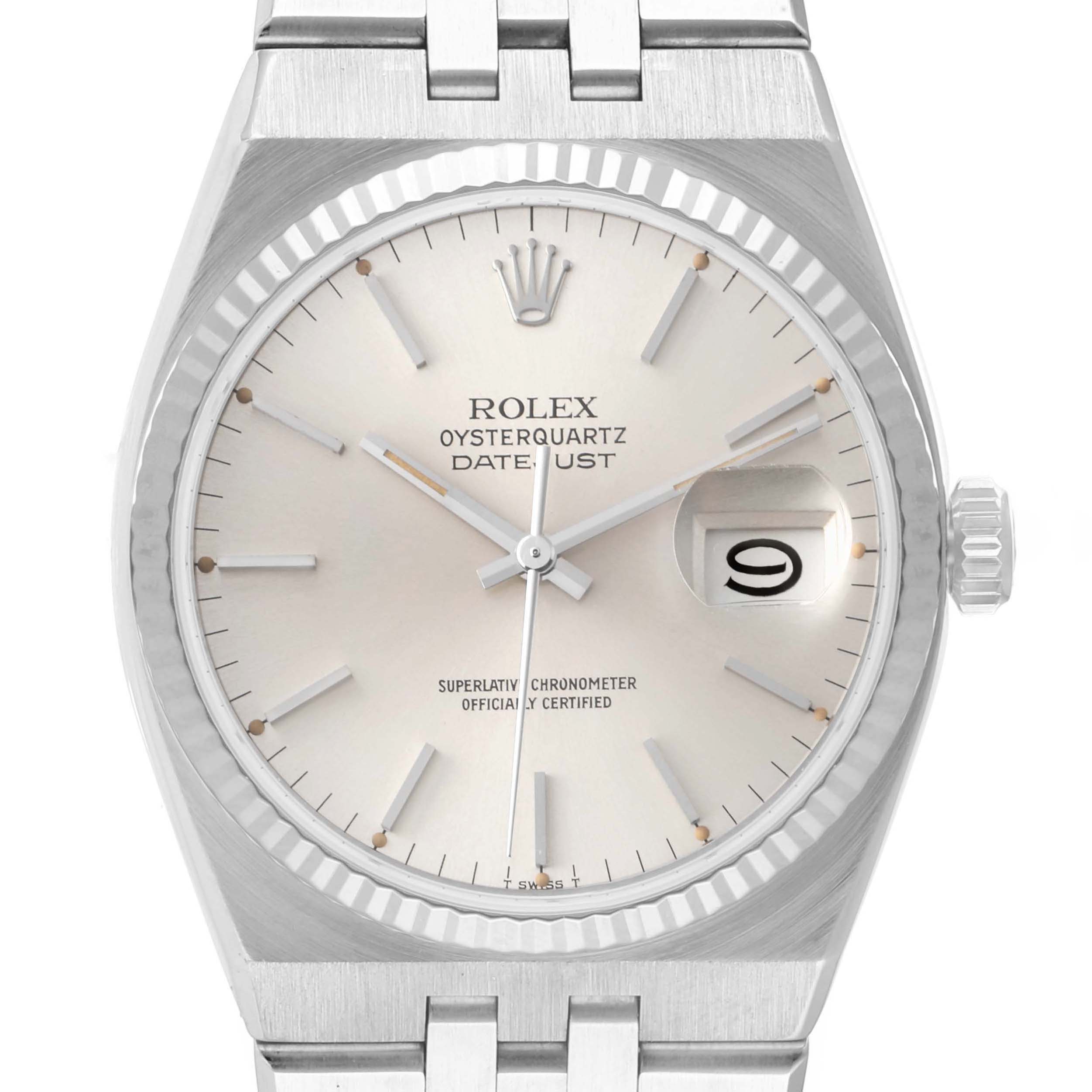 This image shows a front view of the Rolex Oysterquartz 17014 Men
s Stainless Steel Silver Dial 17014 Men
s Stainless Steel Silver Dial Datejust watch, featuring its dial, hands, crown, and part of the bracelet.