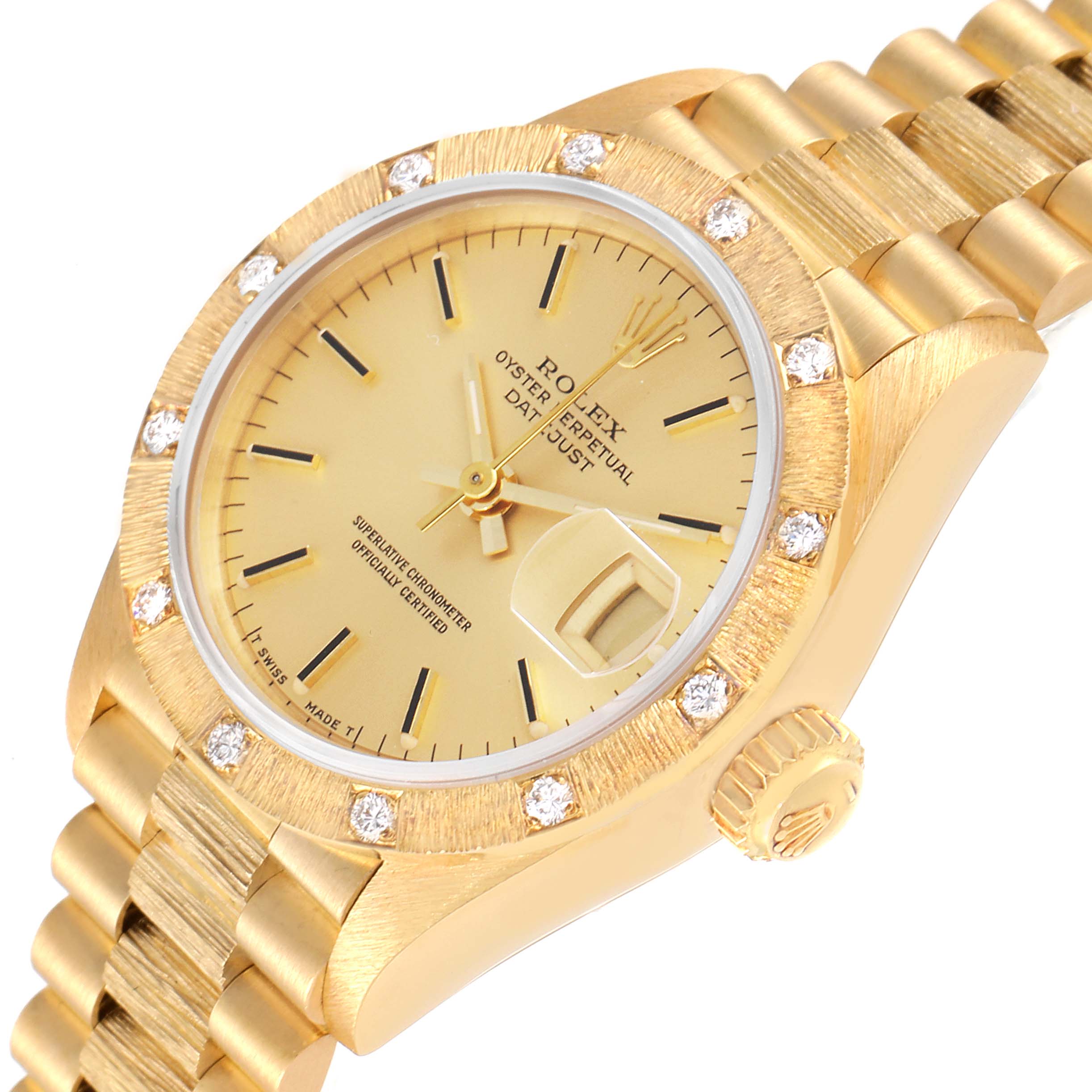 This image shows the Rolex President 69288 Women
s Yellow Gold Champagne Dial 69288 Women
s Yellow Gold Champagne Dial model watch at a slight angle, highlighting its face, bracelet, bezel with diamonds, and crown.
