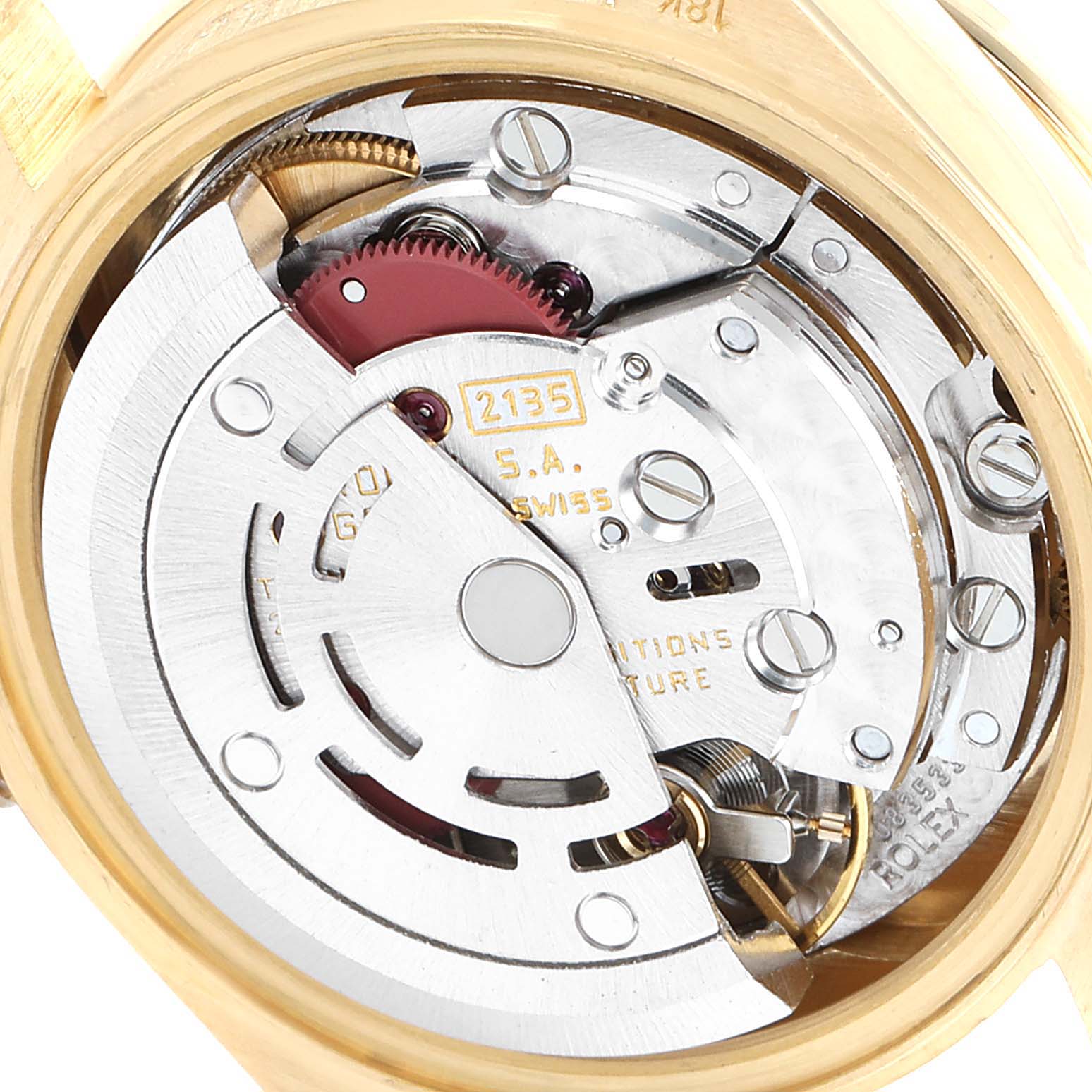 This image shows the internal mechanism of a Rolex President 69288 Women
s Yellow Gold Champagne Dial 69288 Women
s Yellow Gold Champagne Dial model watch from an overhead angle.