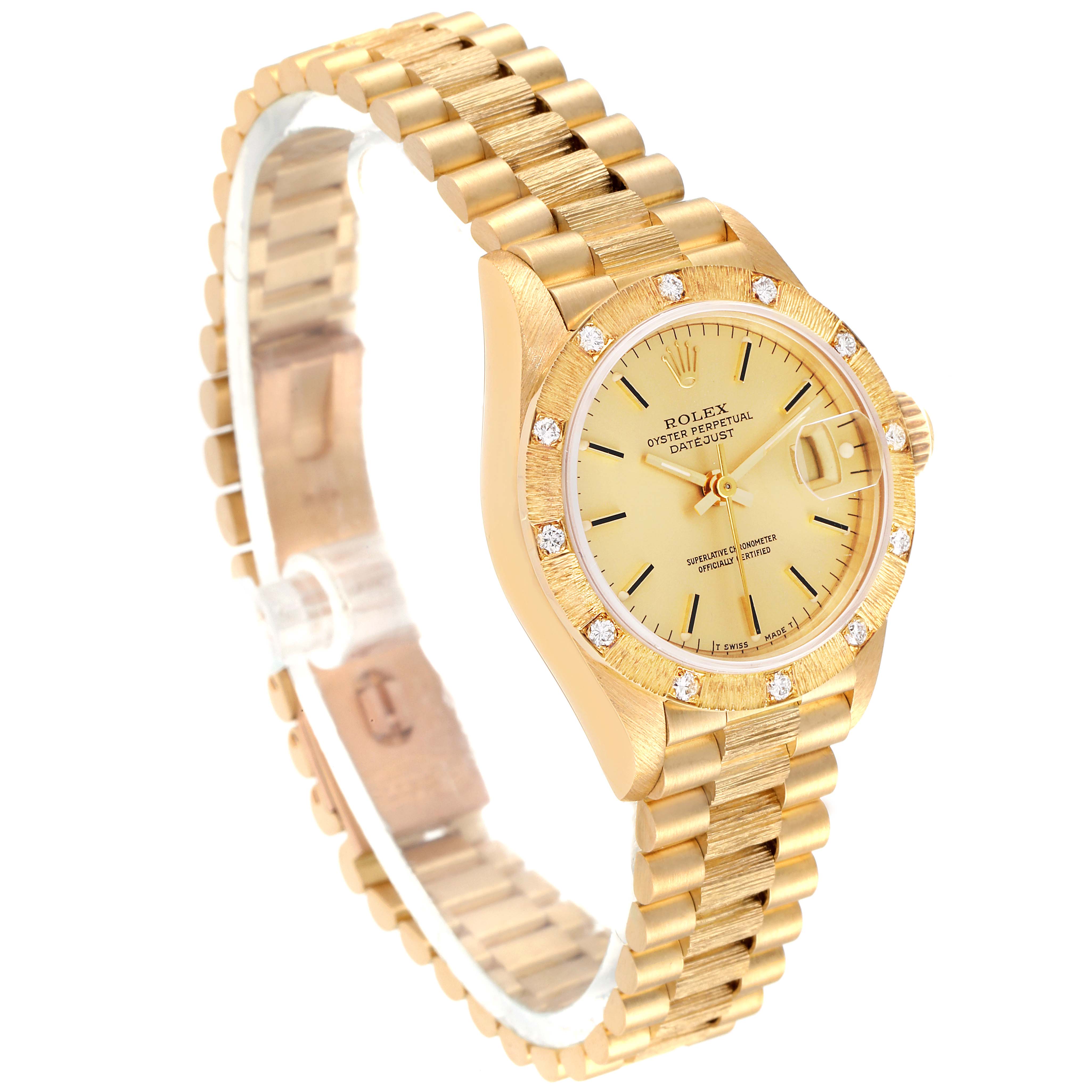 The image shows a Rolex President 69288 Women
s Yellow Gold Champagne Dial 69288 Women
s Yellow Gold Champagne Dial model watch from an angled perspective, highlighting its gold band, case, and diamond-studded bezel.