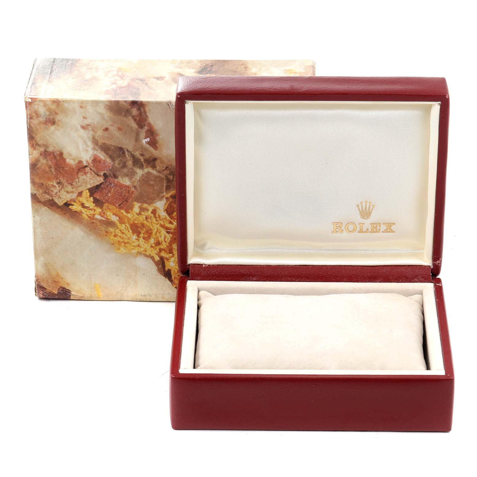 The image shows an open maroon box for a Rolex President 69288 Women
s Yellow Gold Champagne Dial 69288 Women
s Yellow Gold Champagne Dial watch, featuring the brand
s logo inside.