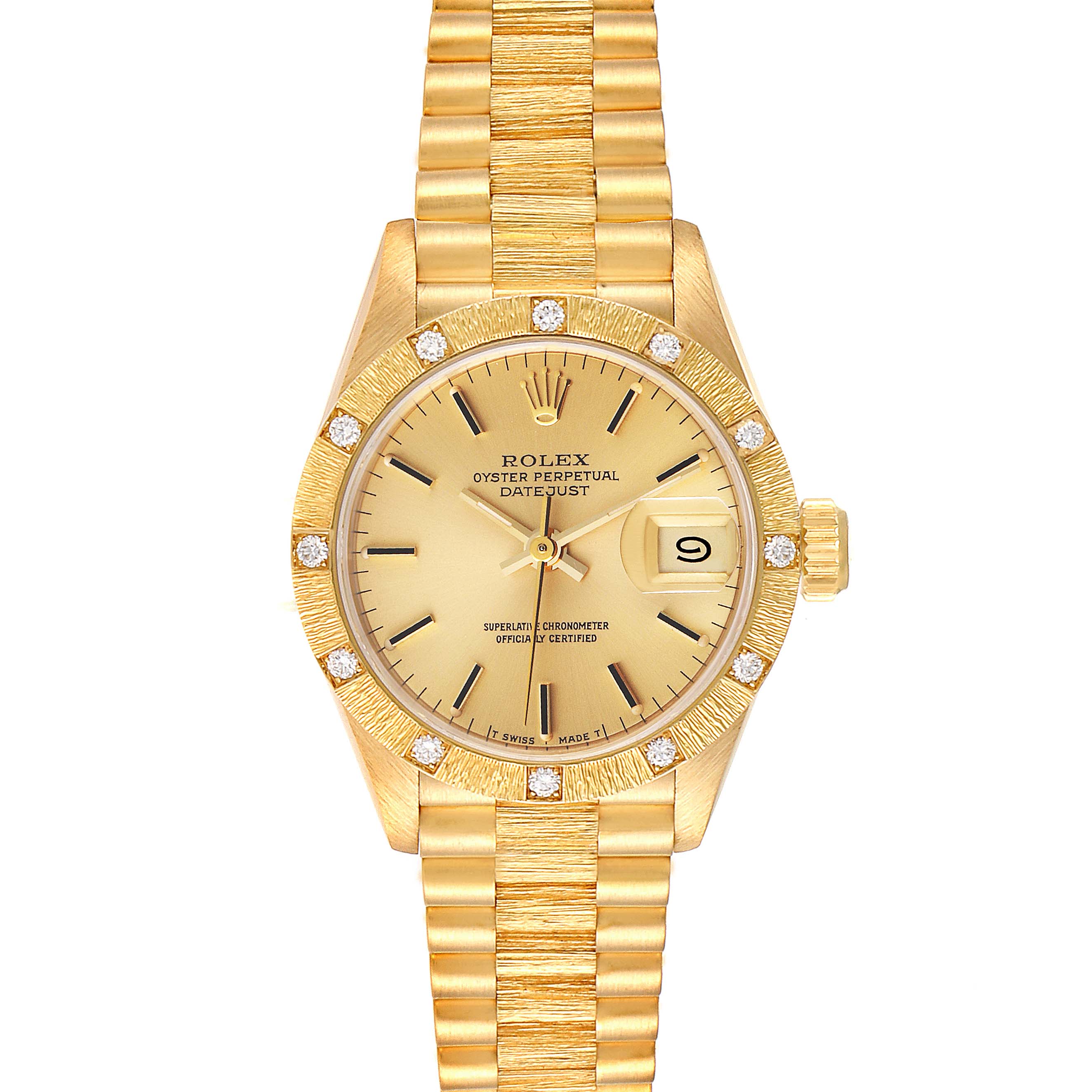 The image shows a front view of the Rolex President 69288 Women
s Yellow Gold Champagne Dial 69288 Women
s Yellow Gold Champagne Dial model watch, featuring its gold dial, bezel with diamonds, and gold bracelet.