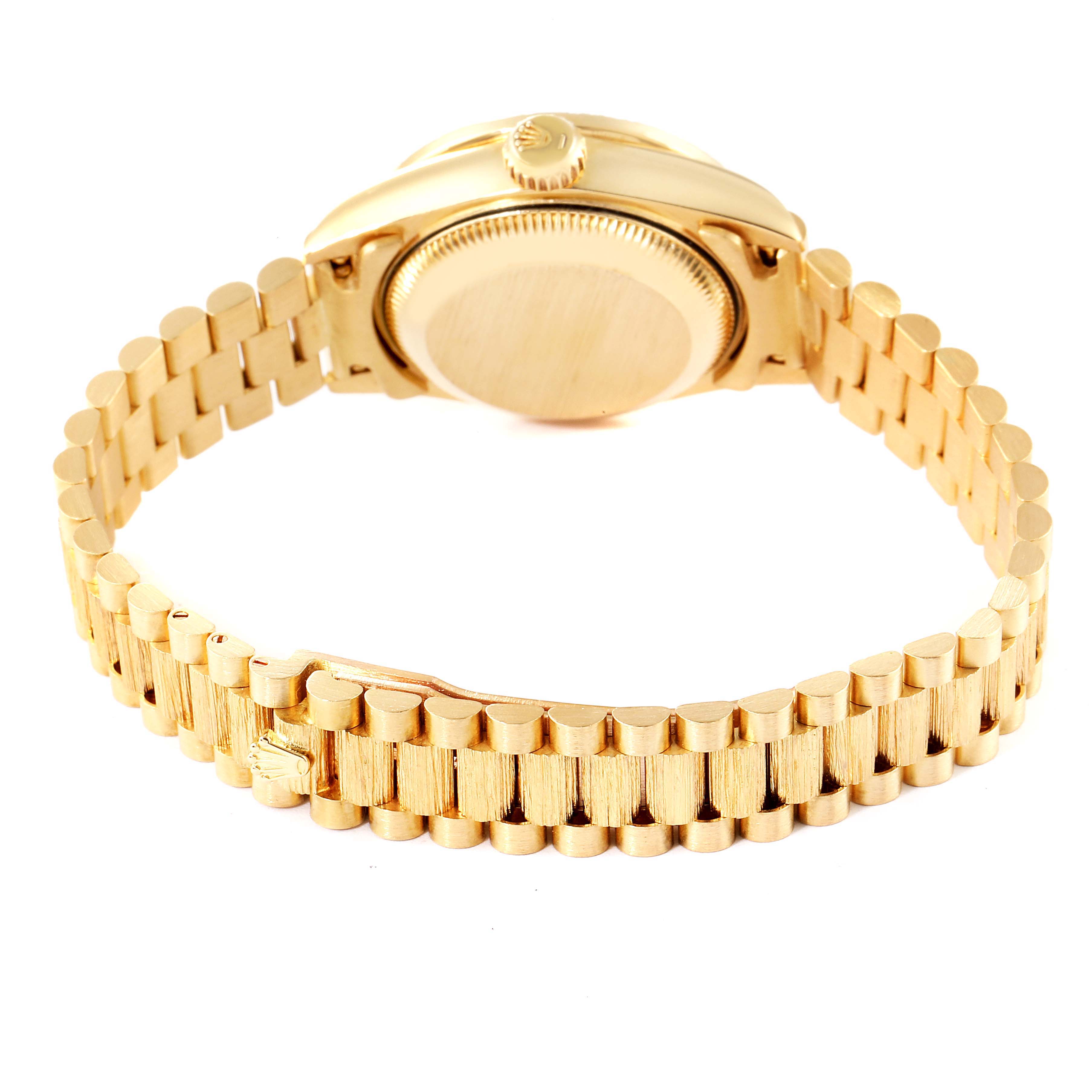 The image shows the back view of a Rolex President 69288 Women
s Yellow Gold Champagne Dial 69288 Women
s Yellow Gold Champagne Dial model watch, highlighting the case back and bracelet.