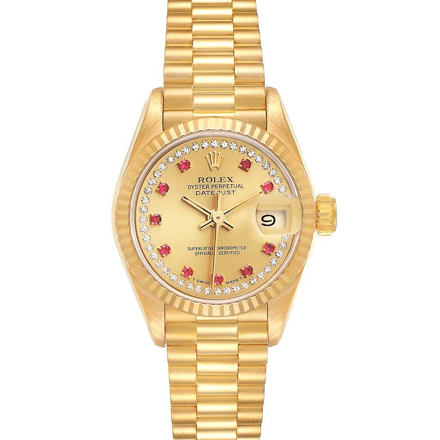 Rolex President Datejust Yellow Gold Diamond Ruby Ladies Watch 69178 Box Papers SwissWatchExpo