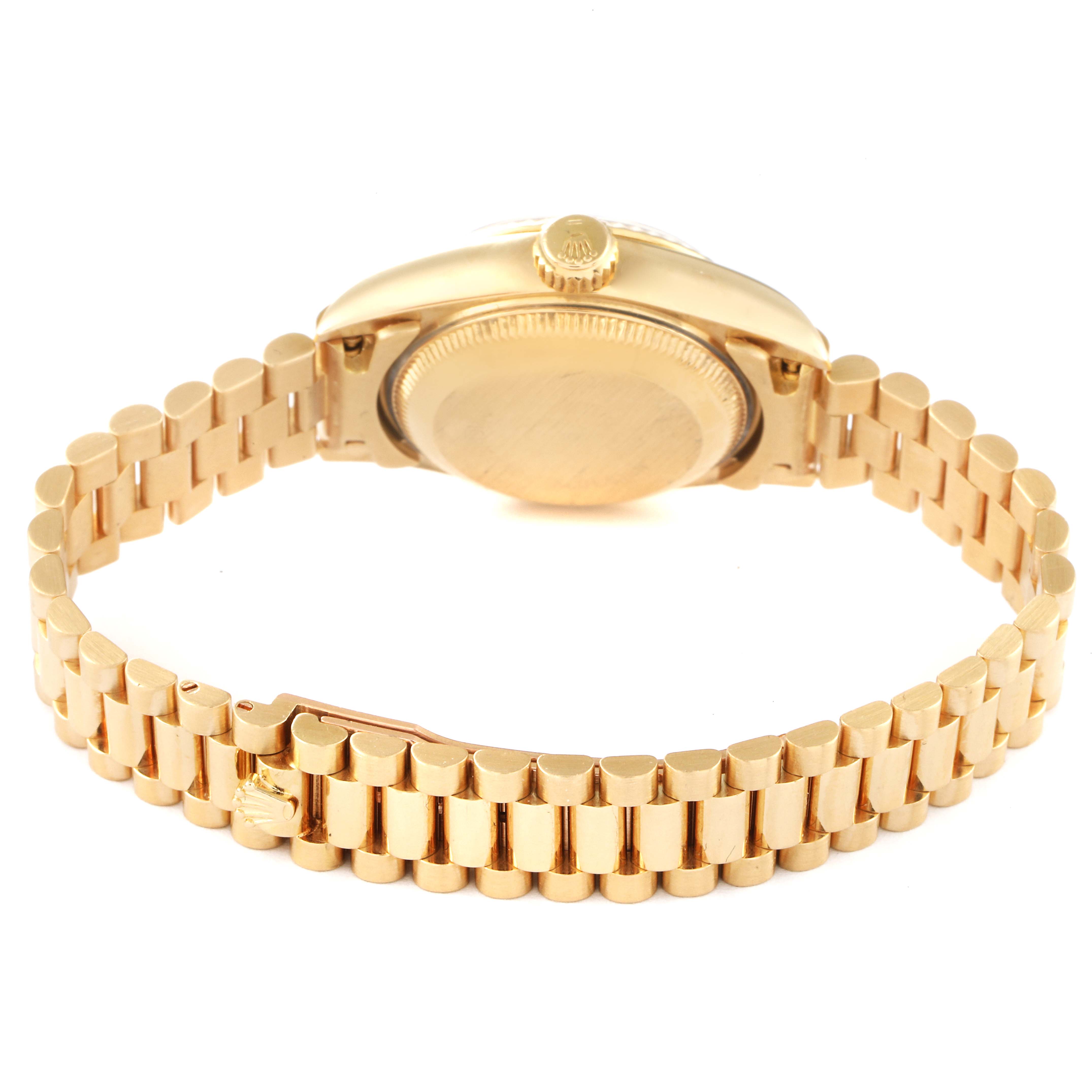 This image shows the rear case and bracelet of a Rolex President 69178 Women
s Yellow Gold Champagne Dial 69178 Women
s Yellow Gold Champagne Dial model watch, viewed from the underside.