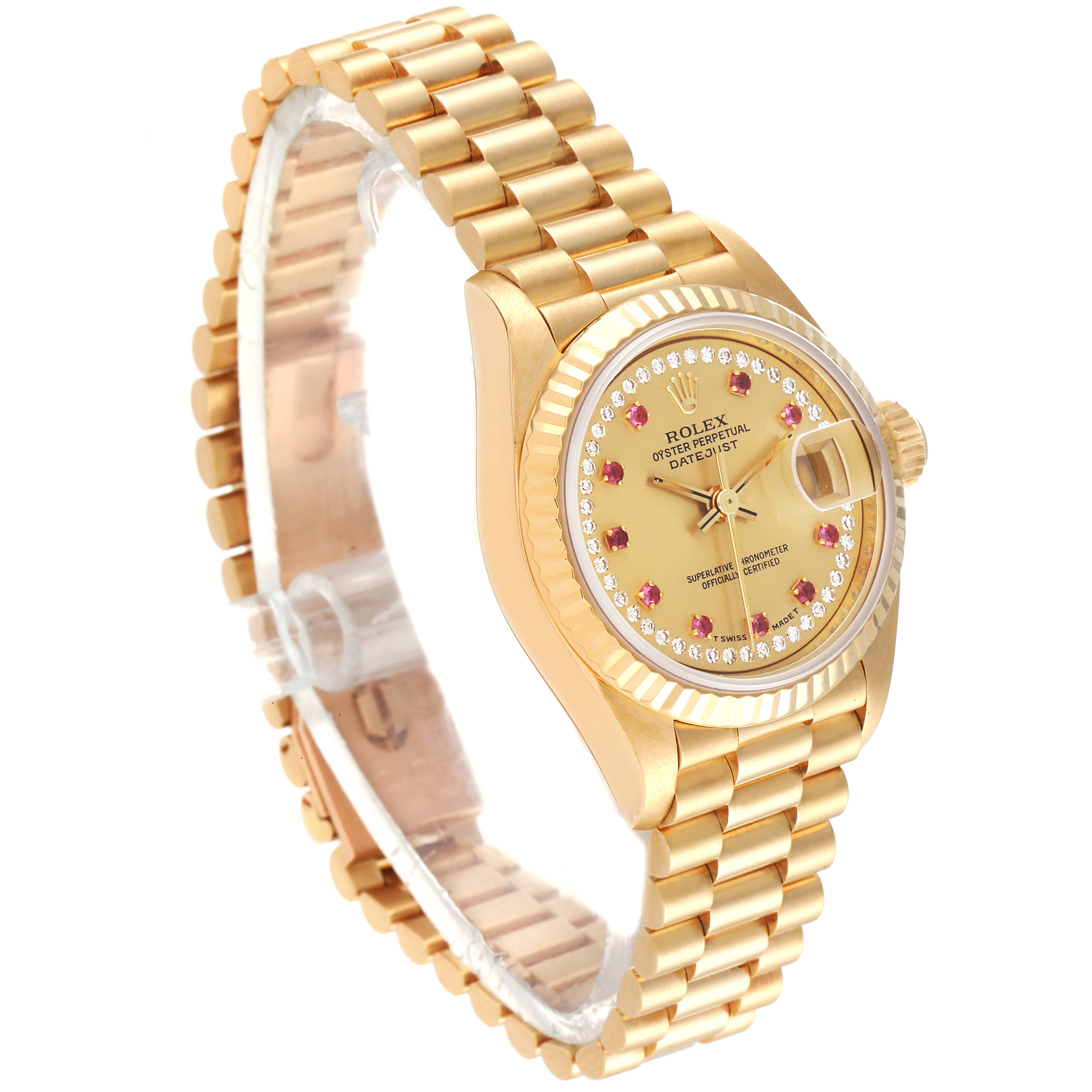 The image shows a front angle view of the Rolex President 69178 Women
s Yellow Gold Champagne Dial 69178 Women
s Yellow Gold Champagne Dial, highlighting its gold bracelet, bezel, and watch face.