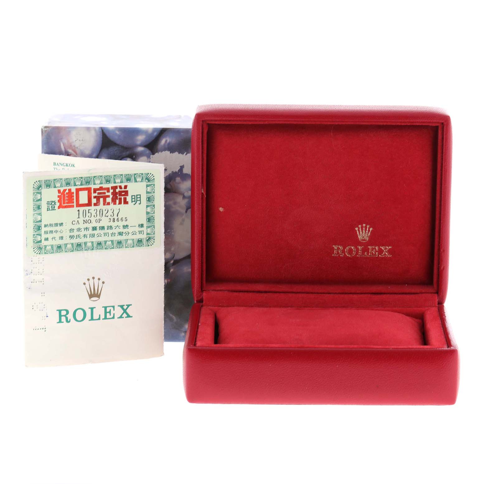 The image shows a red Rolex President 69178 Women
s Yellow Gold Champagne Dial 69178 Women
s Yellow Gold Champagne Dial model watch box, an instruction booklet, and a certificate card.