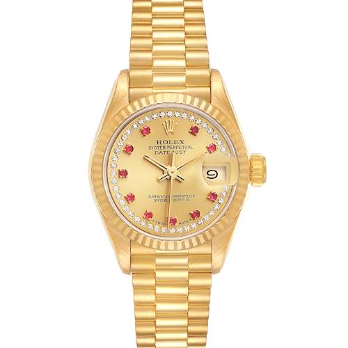 Photo of Rolex President Datejust Yellow Gold Diamond Ruby Ladies Watch 69178 Box Papers