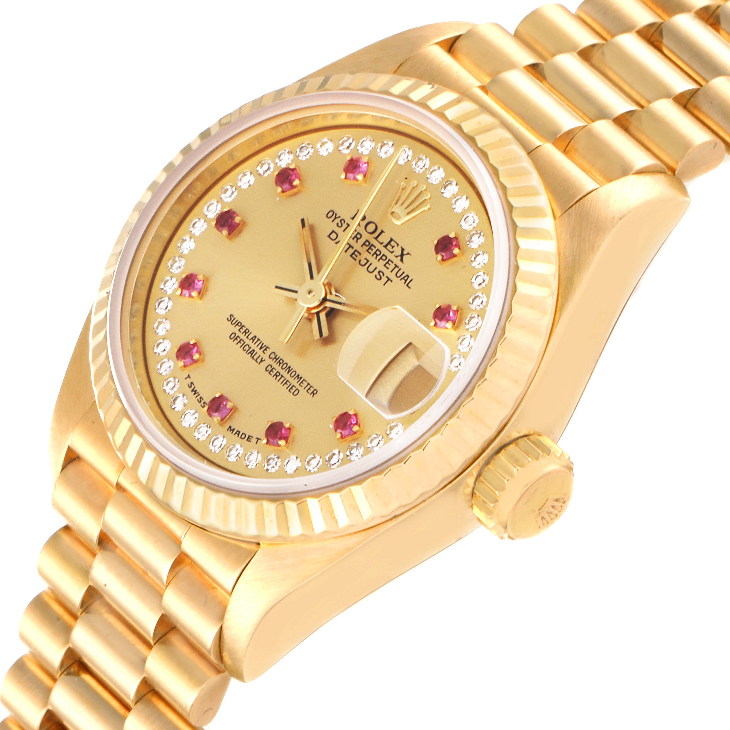 The image shows the Rolex President 69178 Women
s Yellow Gold Champagne Dial 69178 Women
s Yellow Gold Champagne Dial model watch at an angled view, highlighting its dial, bezel, crown, and bracelet.