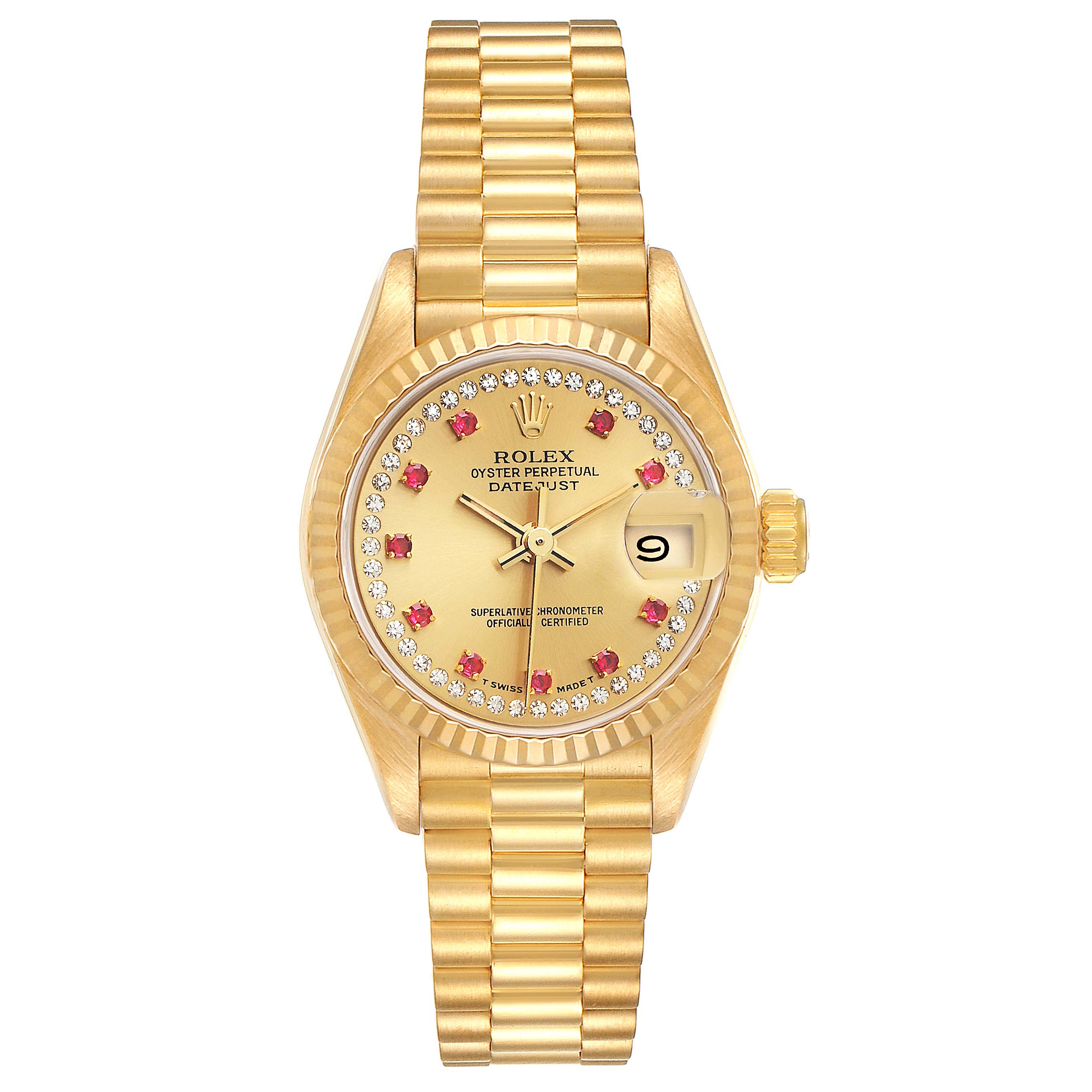 This image shows a frontal view of a Rolex President 69178 Women
s Yellow Gold Champagne Dial 69178 Women
s Yellow Gold Champagne Dial model watch, highlighting its gold band, date display, and adorned bezel.