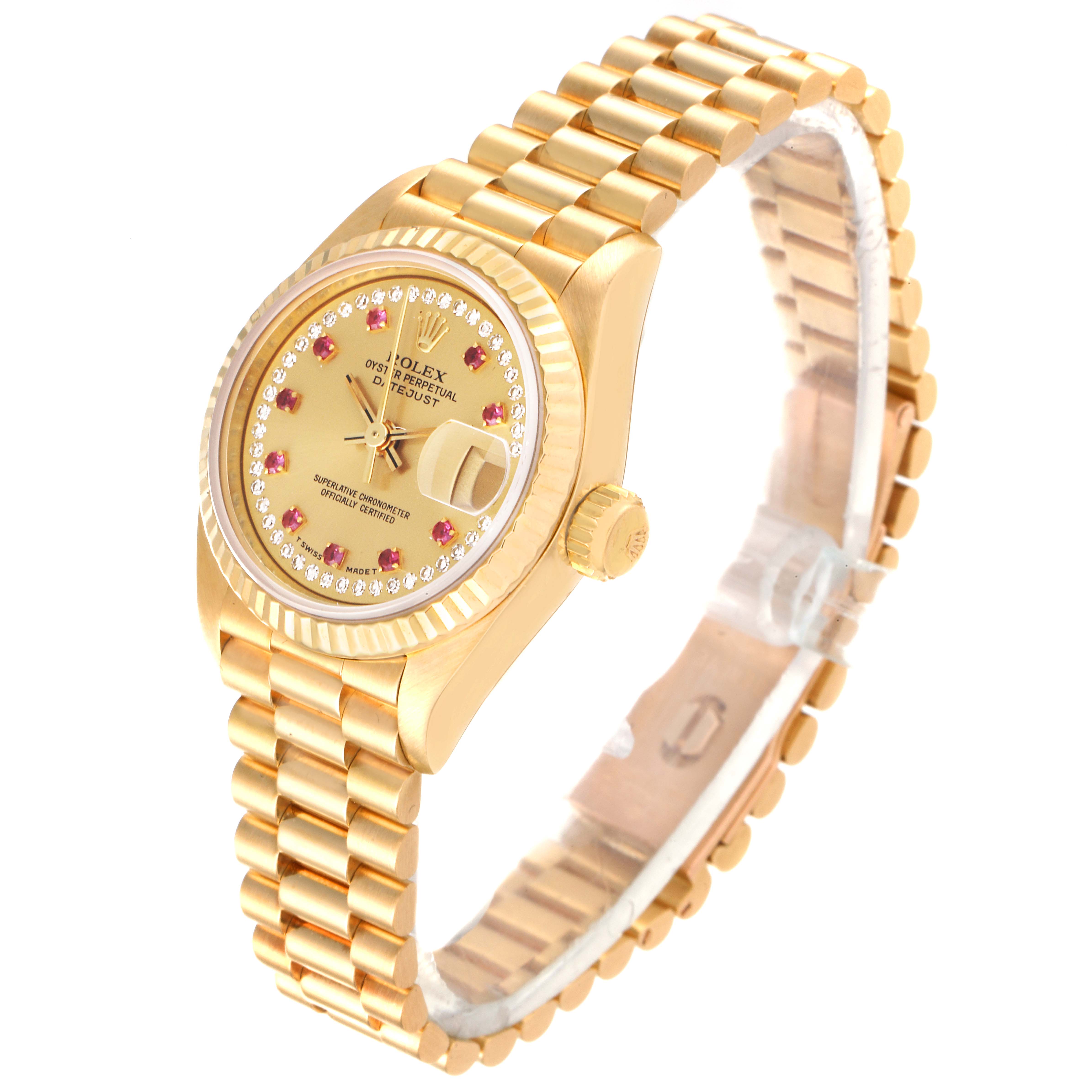 The image shows the Rolex President 69178 Women
s Yellow Gold Champagne Dial 69178 Women
s Yellow Gold Champagne Dial watch from an angled view, highlighting its face, bezel, crown, and gold bracelet.