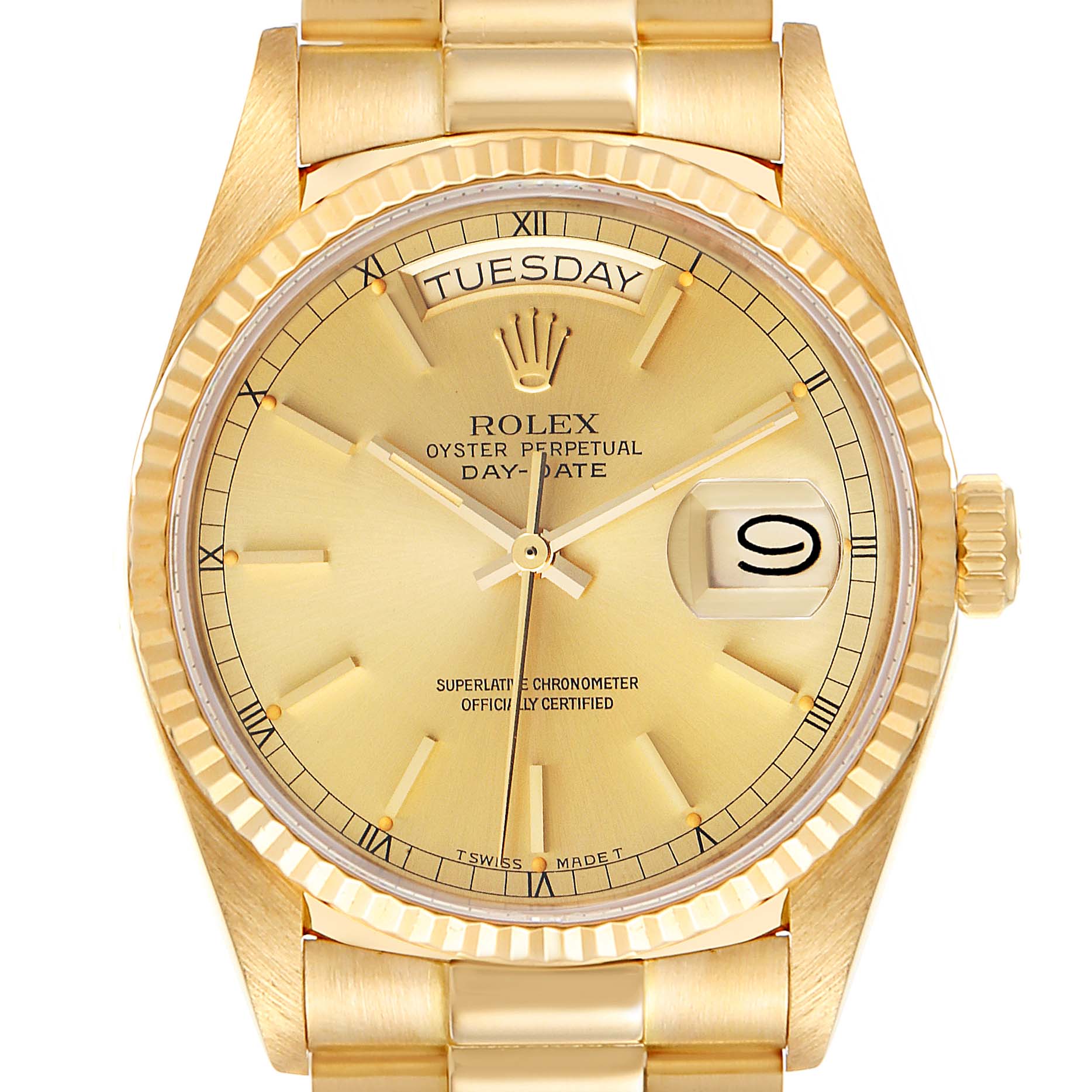 The image shows a front view of a Rolex President 18038 Men's Yellow Gold Champagne Dial 18038 Men's Yellow Gold Champagne Dial model showcasing its dial, hands, bracelet, and day-date indicators.