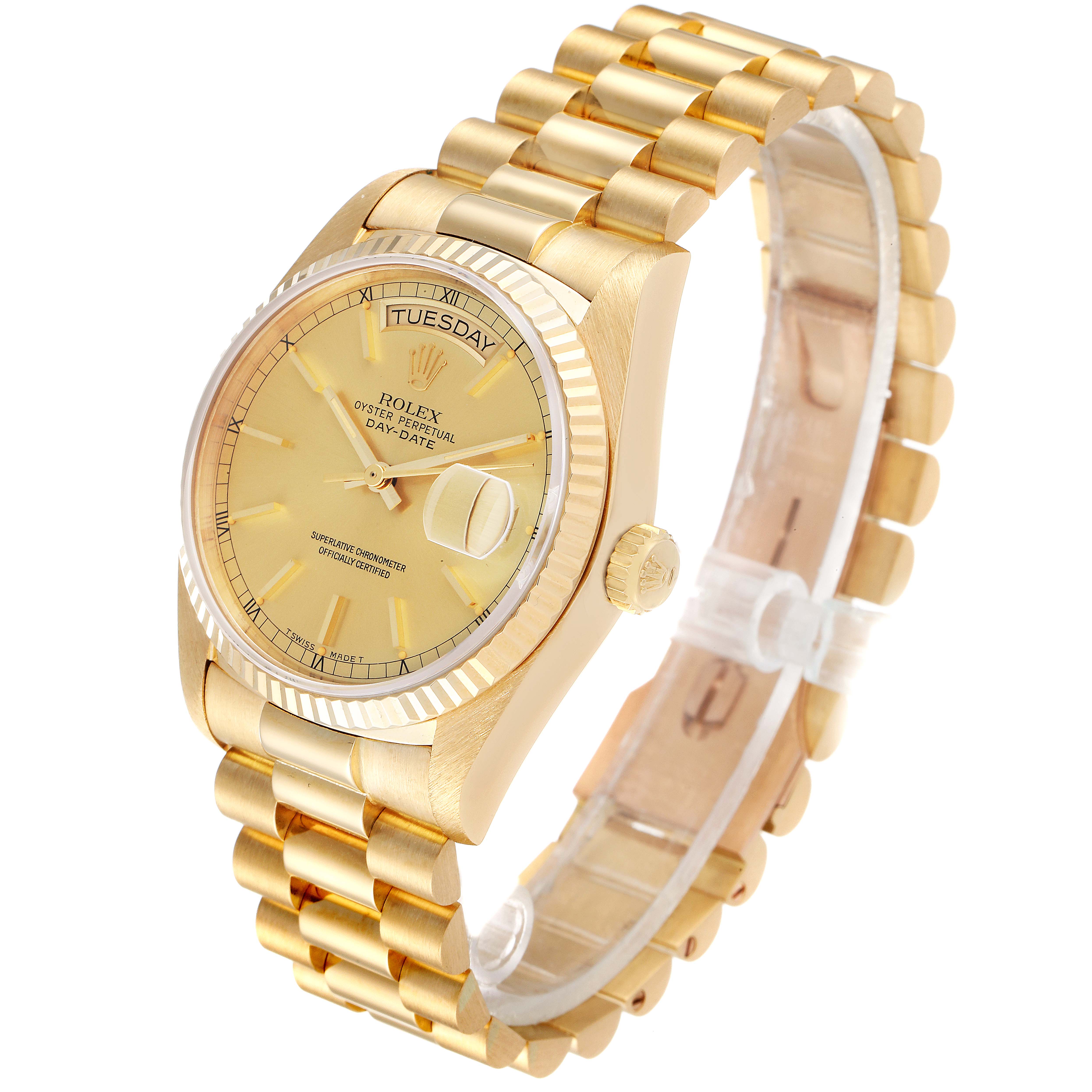 The image showcases a side angle view of the Rolex Day-Date President model watch, highlighting its gold case, bracelet, and dial.