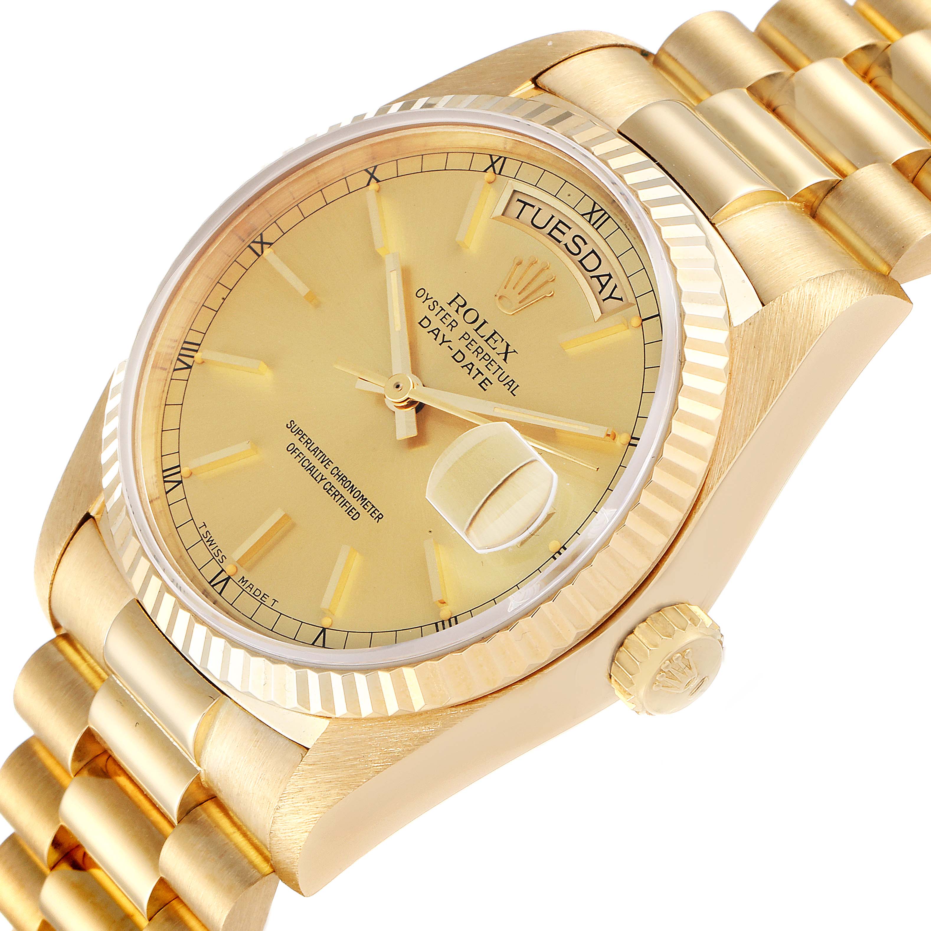 This image shows a close-up, angled view of the Rolex President 18038 Men's Yellow Gold Champagne Dial 18038 Men's Yellow Gold Champagne Dial model watch, highlighting the dial, crown, and part of the bracelet.