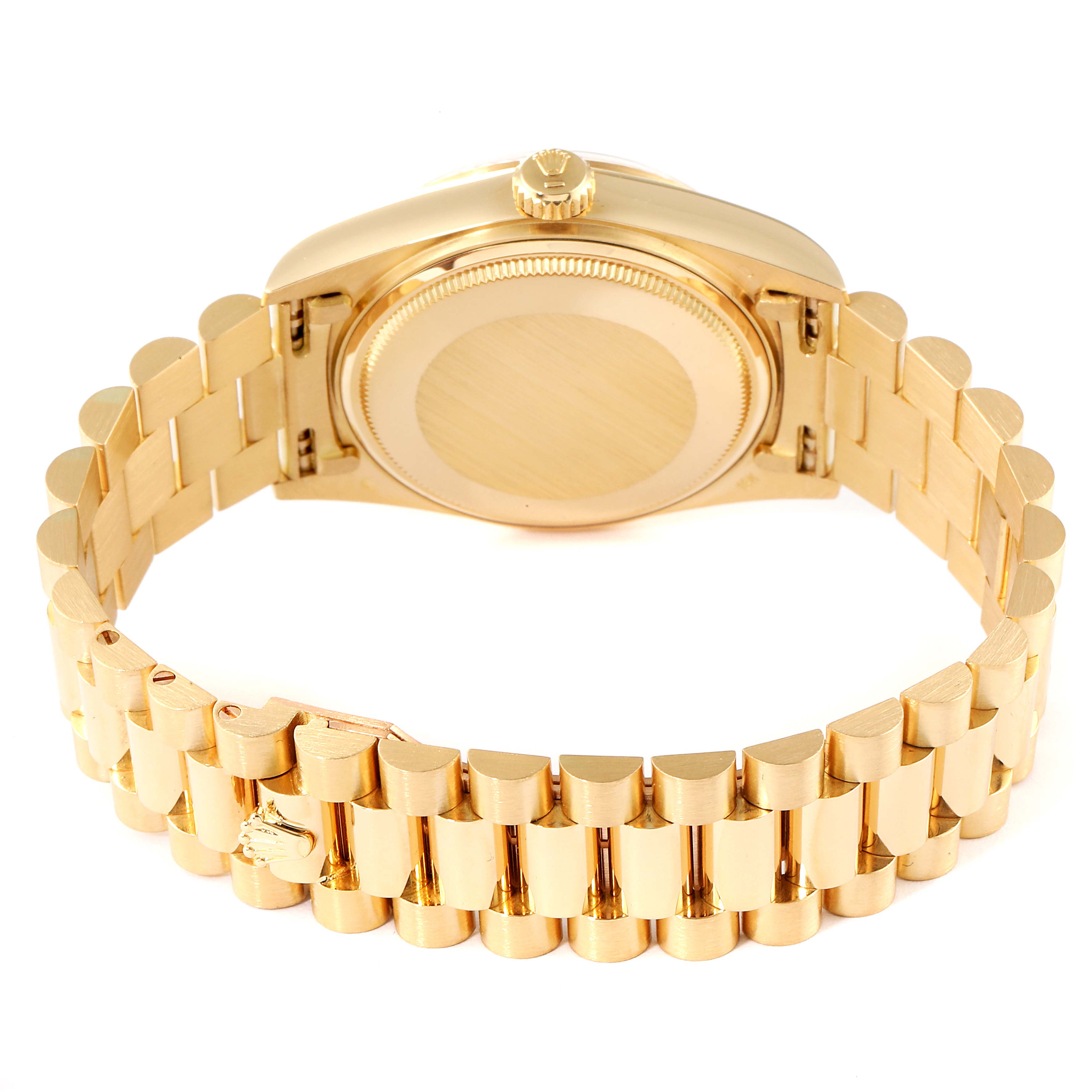 The image shows the back view of a gold Rolex President 18038 Men's Yellow Gold Champagne Dial 18038 Men's Yellow Gold Champagne Dial model watch, highlighting its caseback and bracelet.
