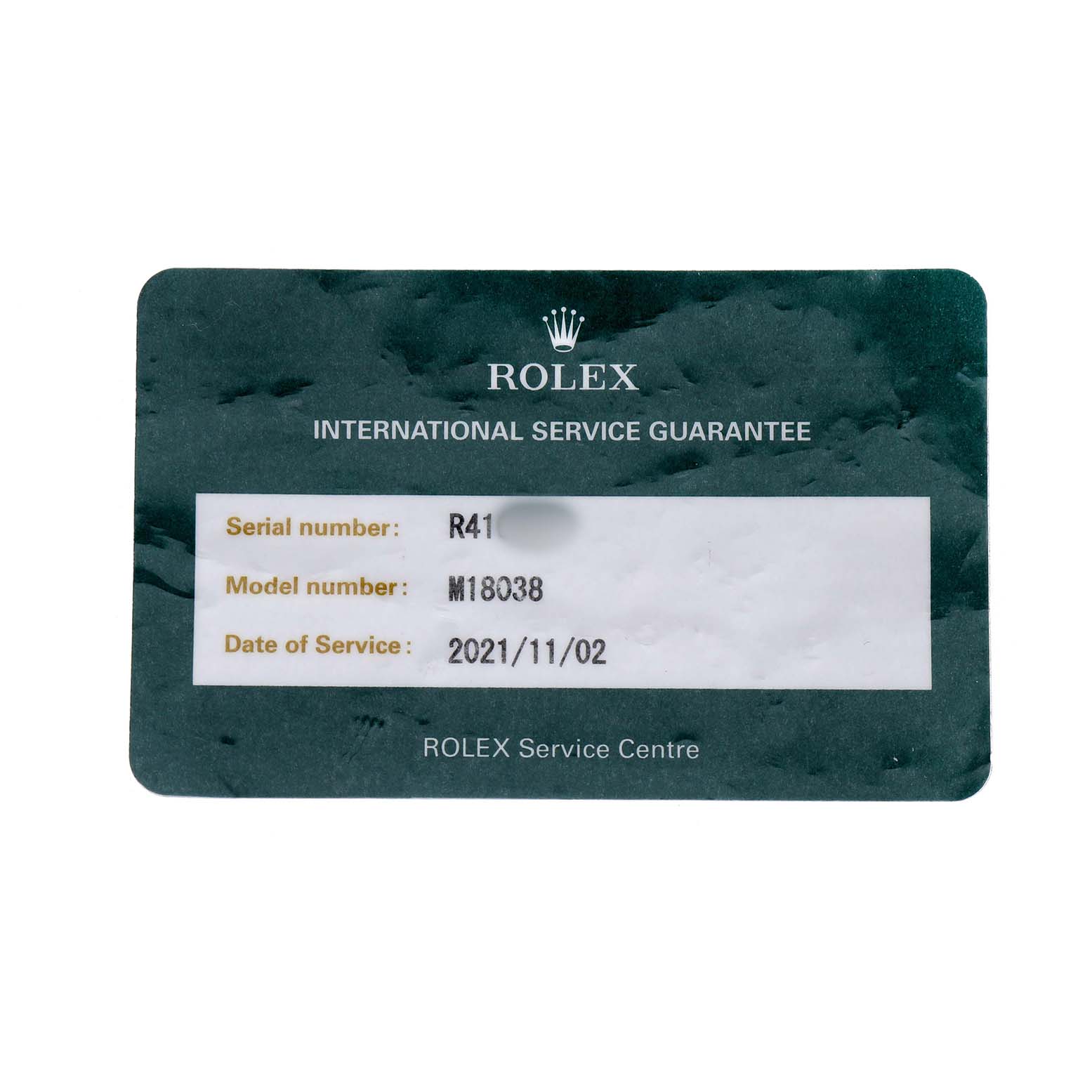The image shows a Rolex International Service Guarantee card for the Rolex President 18038 Men's Yellow Gold Champagne Dial model M18038.