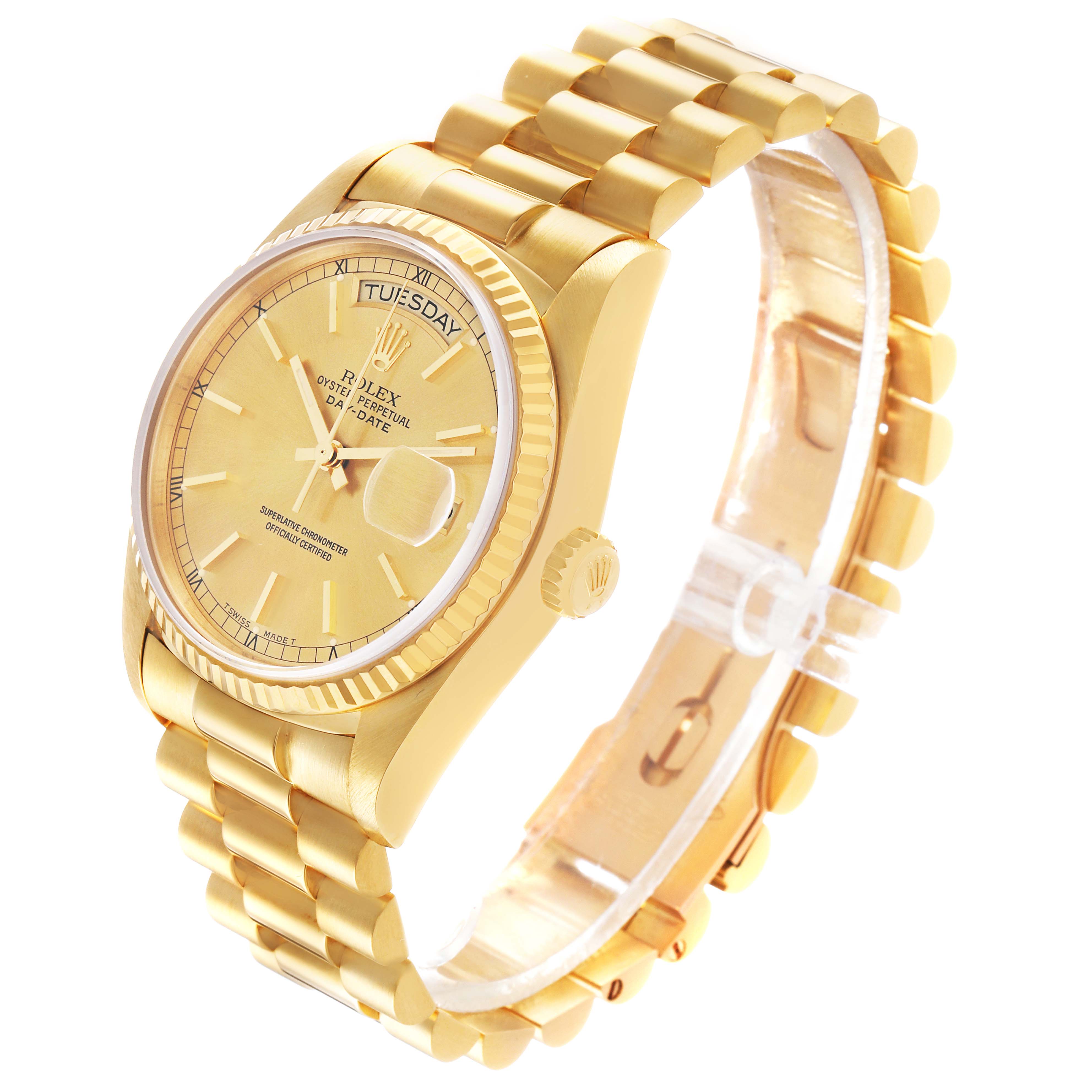 The Rolex President 18038 Men's Yellow Gold Champagne Dial watch is shown at an angled view, highlighting the dial, bezel, bracelet, and crown.