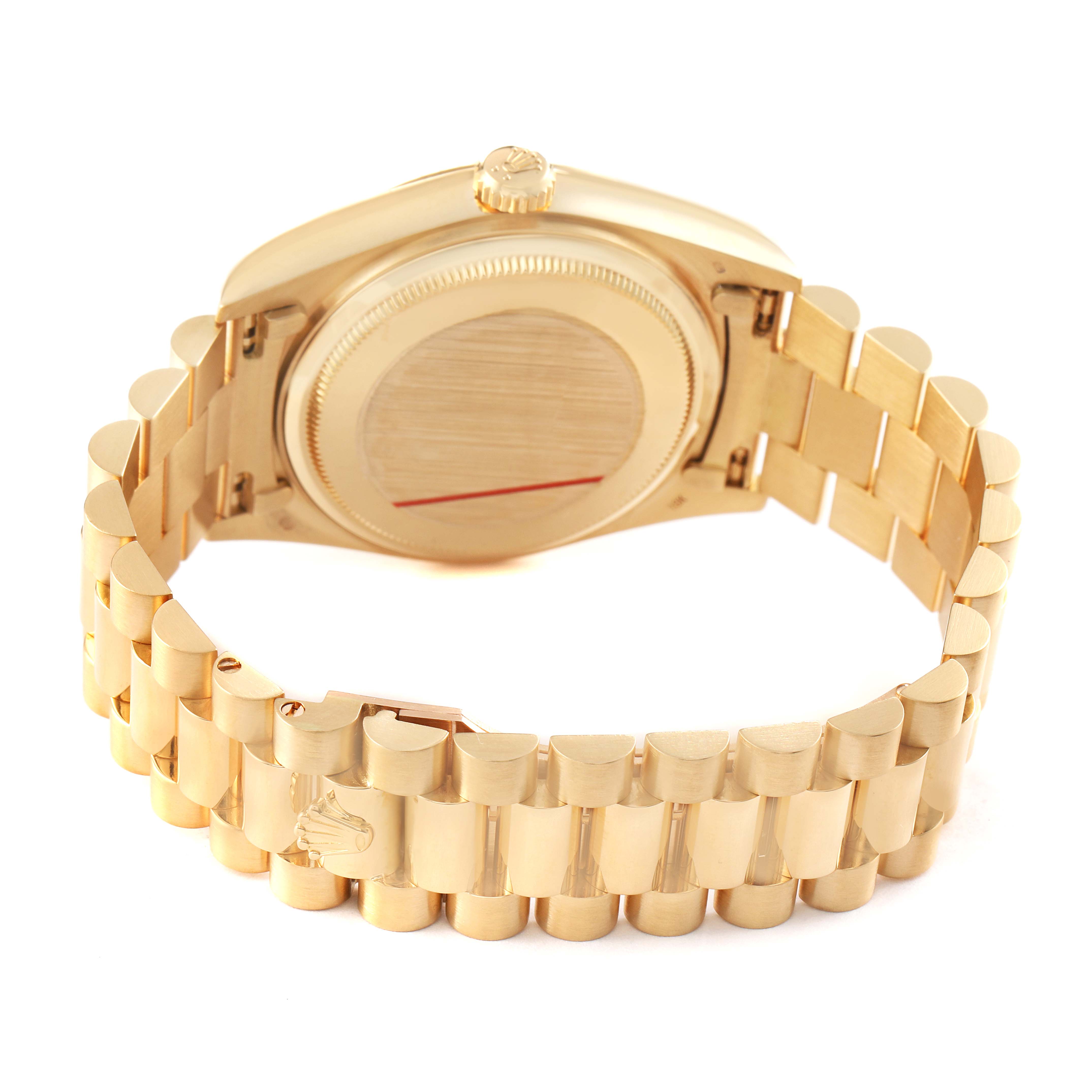 The image shows the back and bracelet of a Rolex President 18038 Men's Yellow Gold Champagne Dial model watch from a rear angle.