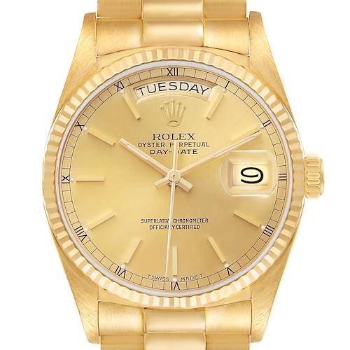 The Rolex President 18038 Men's Yellow Gold Champagne Dial model watch is shown from a top view, displaying its dial, bezel, day-date function, and part of the bracelet.