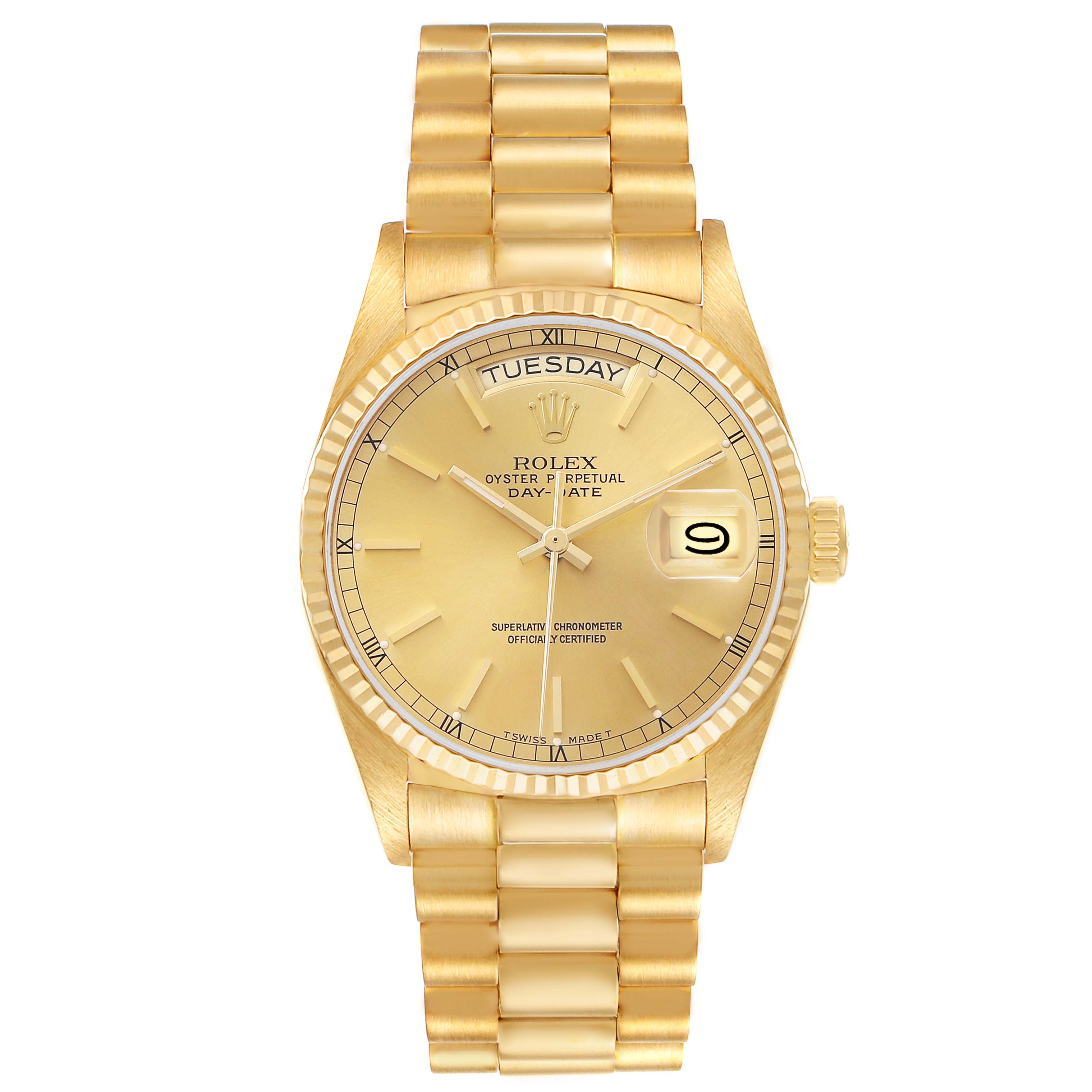 The Rolex President 18038 Men's Yellow Gold Champagne Dial watch is shown from the front, displaying the dial, bezel, day and date windows, and part of the bracelet.