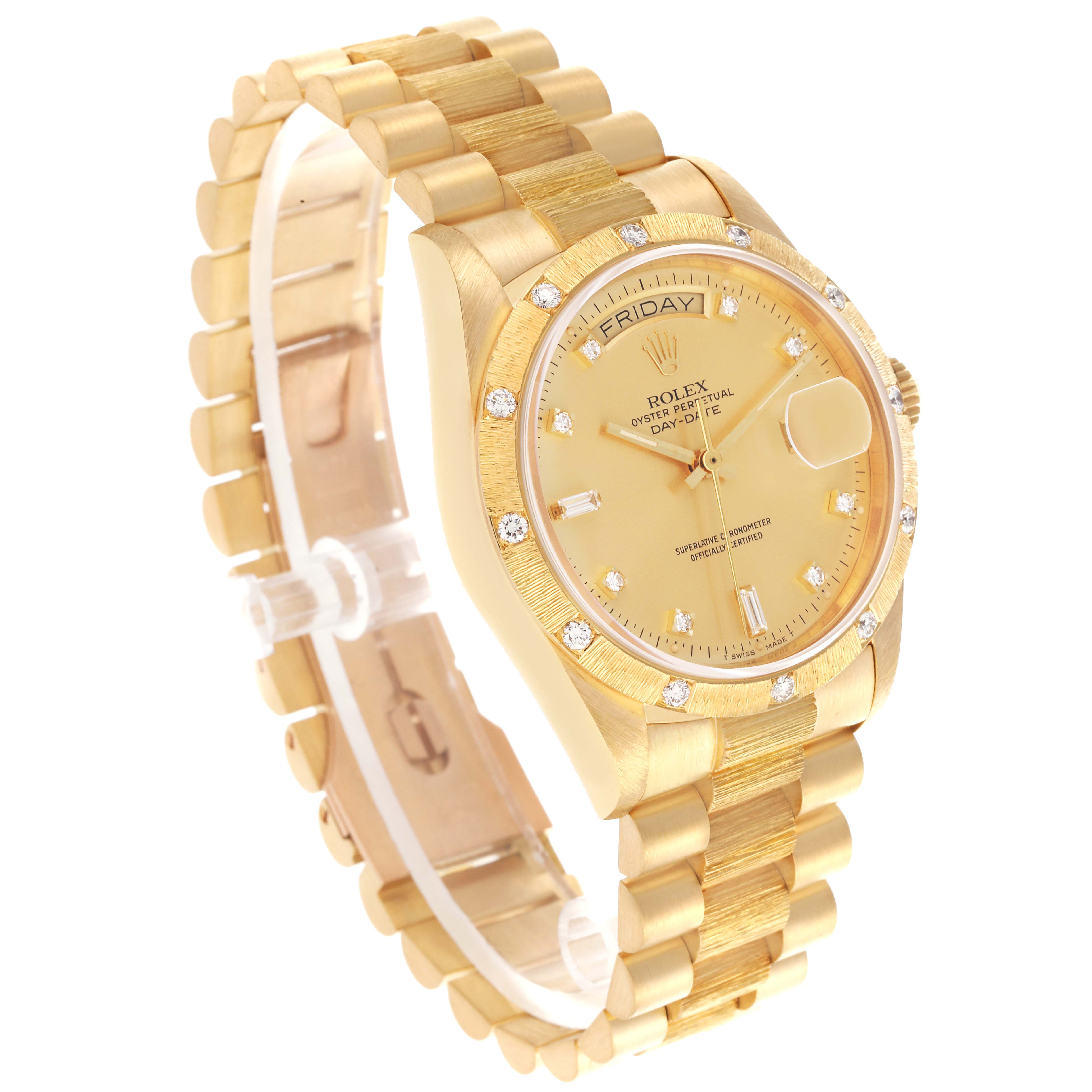 The Rolex President 18108 Men
s Yellow Gold Champagne Dial 18108 Men
s Yellow Gold Champagne Dial watch is shown at a three-quarter angle, displaying the bracelet, face, and diamond details on the bezel.
