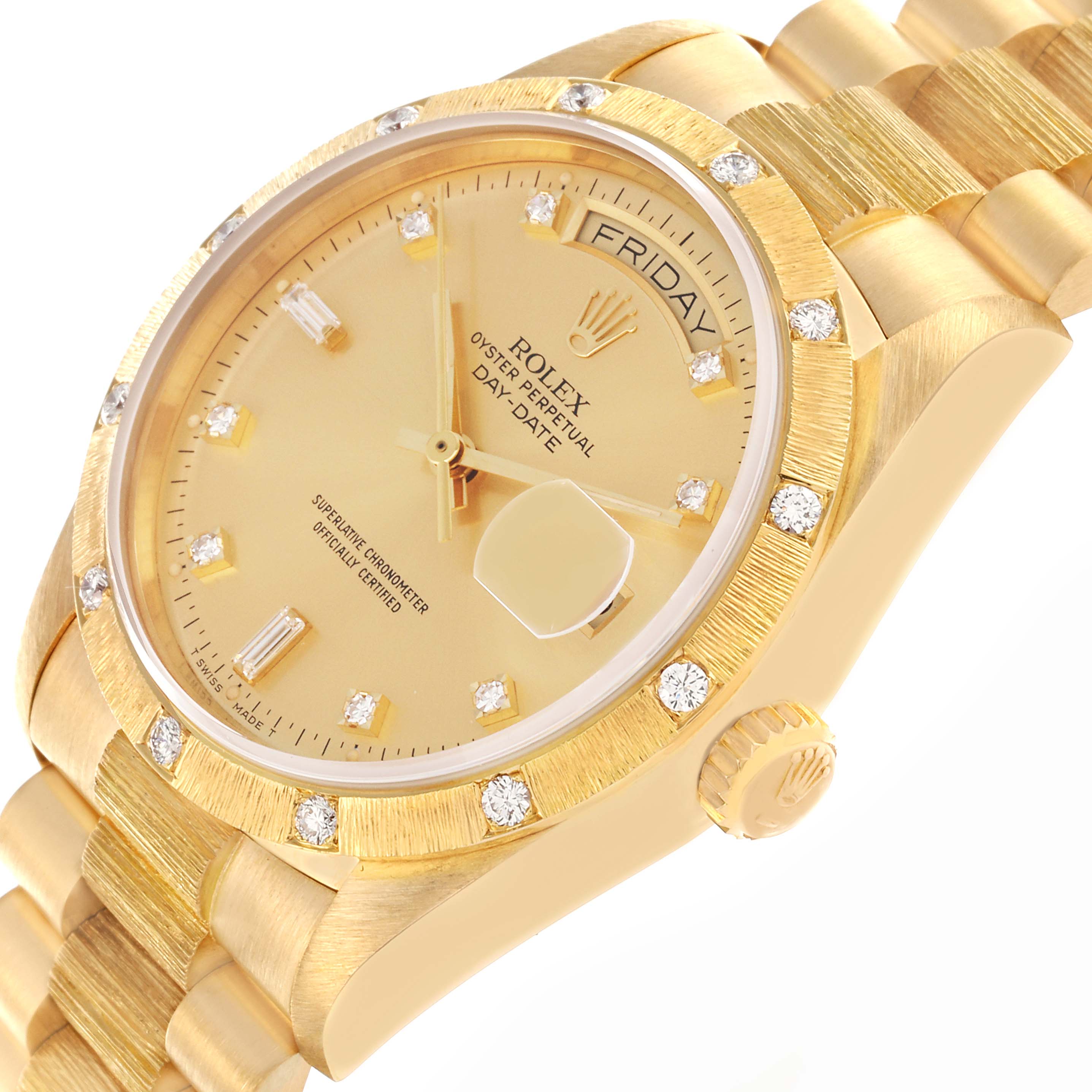 The image shows a Rolex President 18108 Men
s Yellow Gold Champagne Dial 18108 Men
s Yellow Gold Champagne Dial model at an angle highlighting the watch face, bezel, crown, and part of the bracelet.