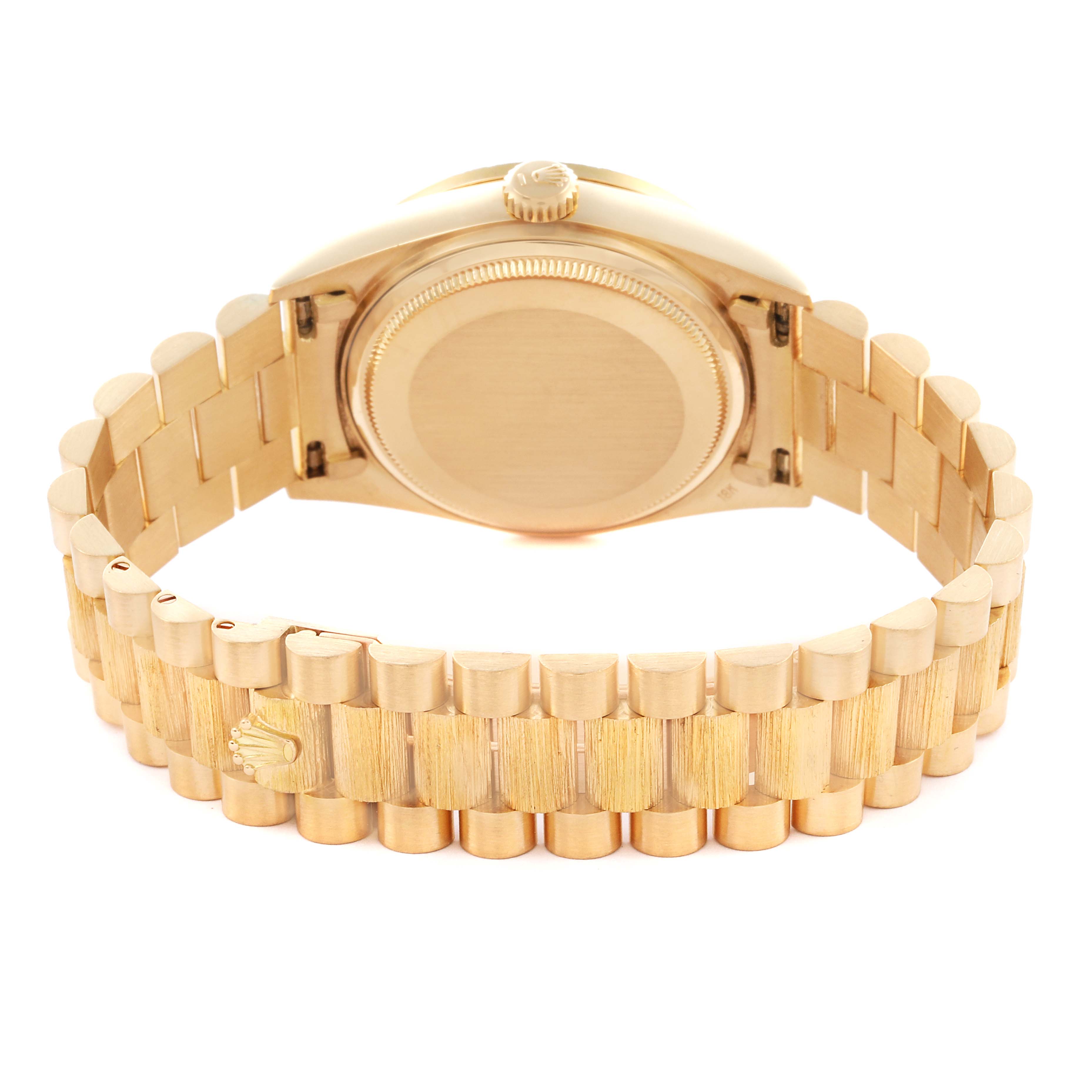 The image shows the backside and bracelet of a Rolex President 18108 Men
s Yellow Gold Champagne Dial 18108 Men
s Yellow Gold Champagne Dial model watch from a rear angle.
