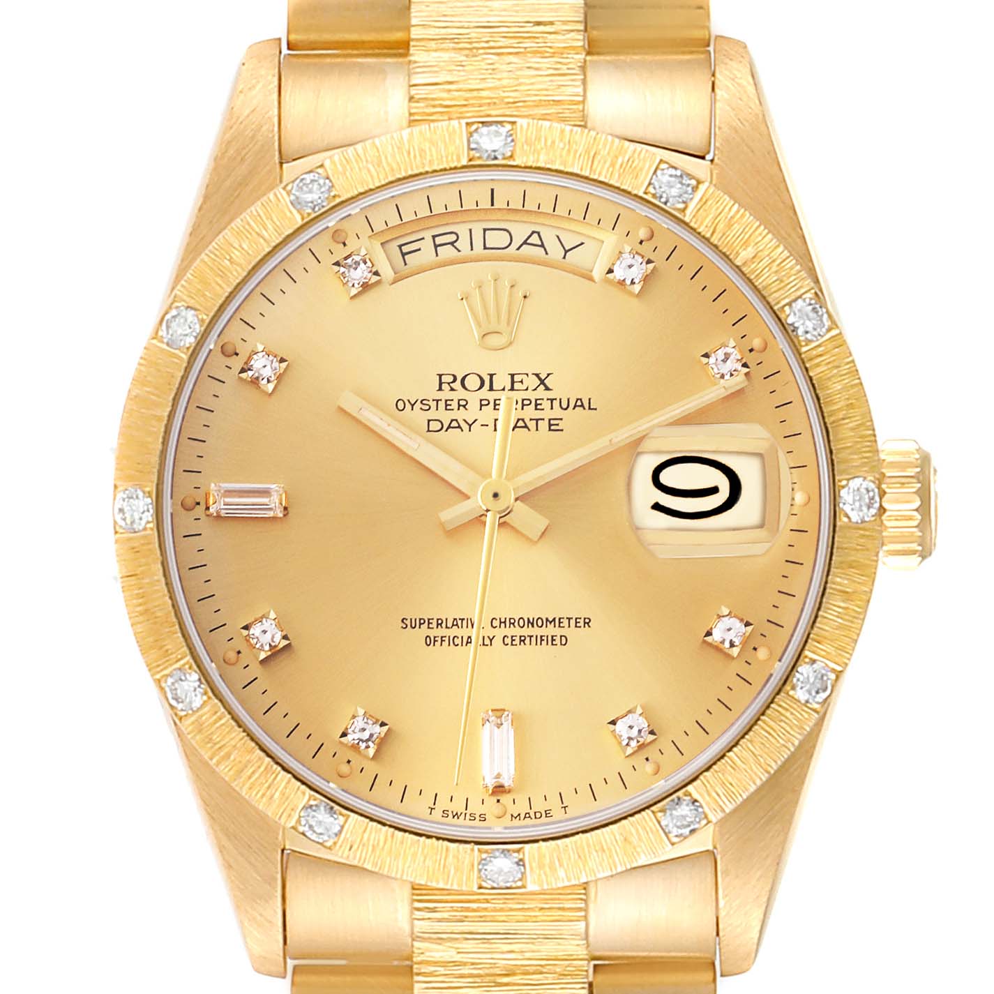 The Rolex President 18108 Men
s Yellow Gold Champagne Dial 18108 Men
s Yellow Gold Champagne Dial model is shown from the front, highlighting the dial, bezel with diamond markers, and part of the bracelet.