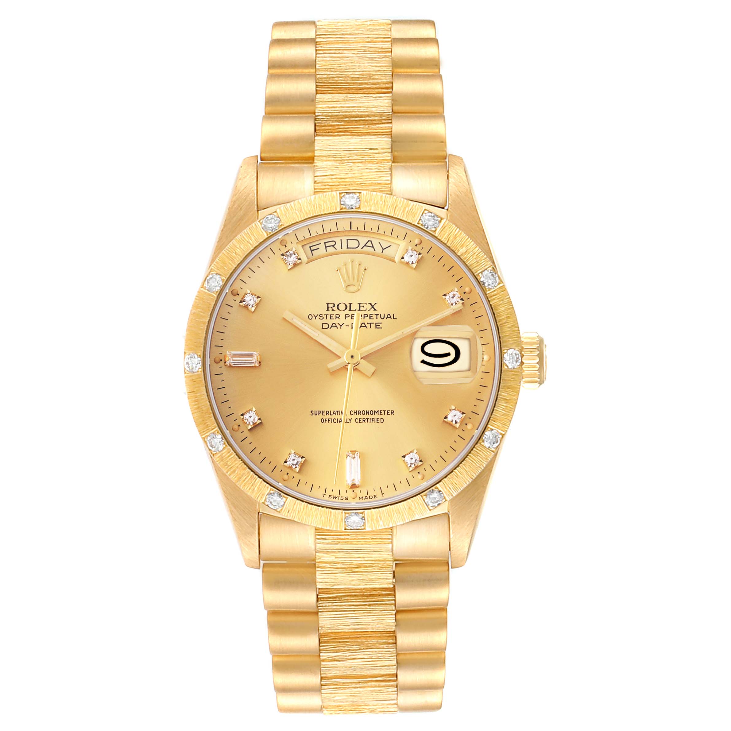 The Rolex President 18108 Men
s Yellow Gold Champagne Dial 18108 Men
s Yellow Gold Champagne Dial model watch is shown from the front, displaying the dial, bezel, and bracelet.