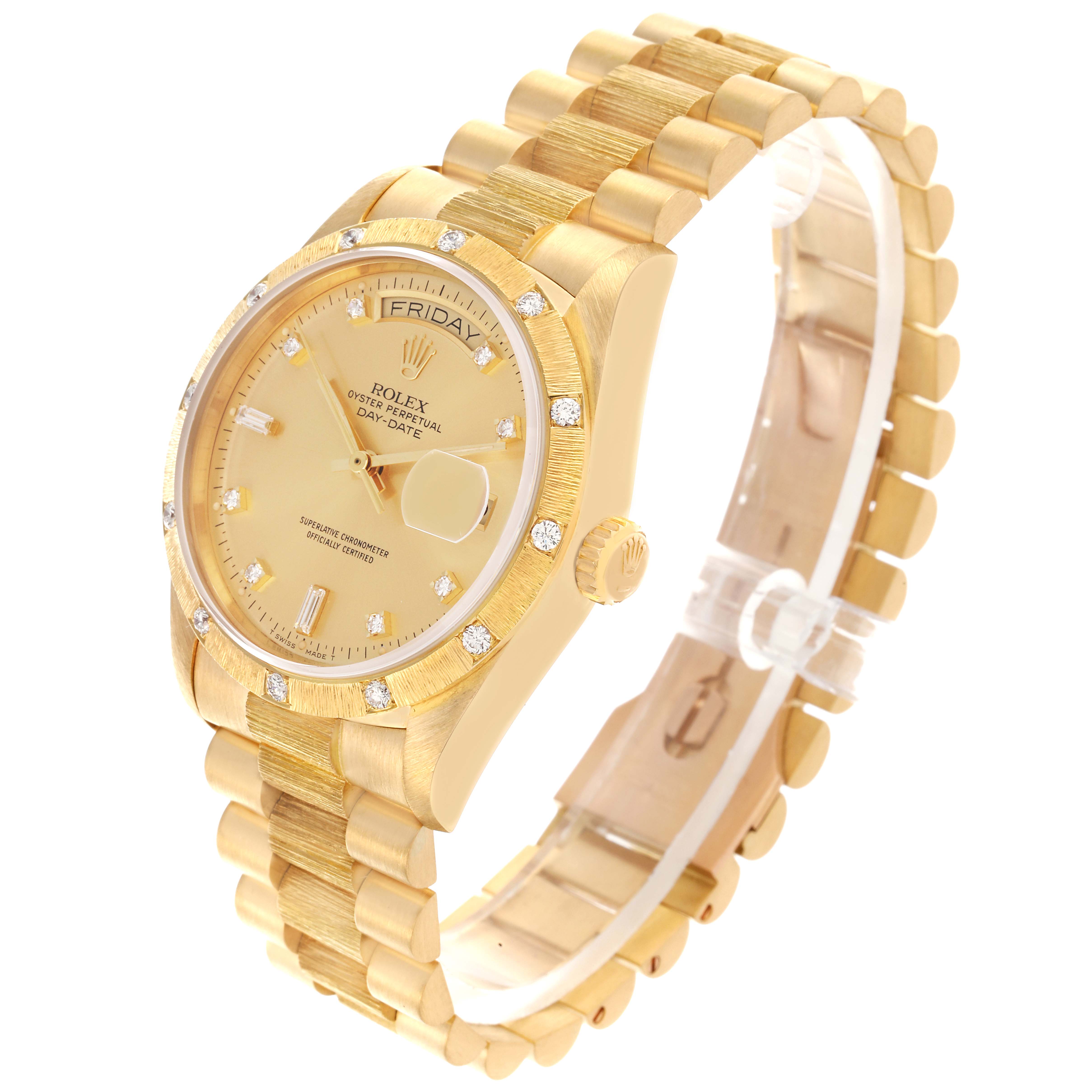 The Rolex President 18108 Men
s Yellow Gold Champagne Dial 18108 Men
s Yellow Gold Champagne Dial model watch is shown at a three-quarter angle, displaying the dial, bezel, crown, and bracelet.