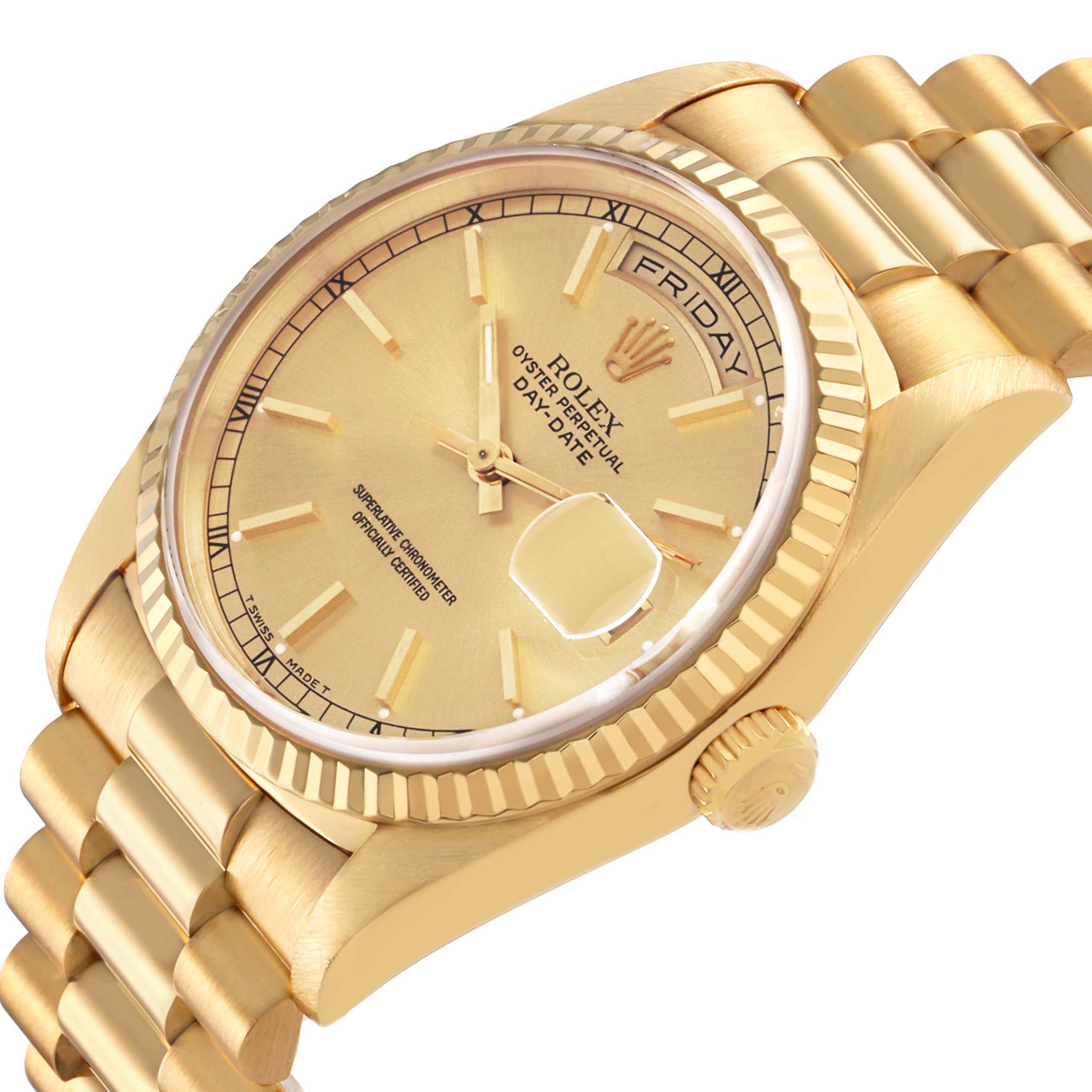 The image shows a Rolex President 18238 Men's Yellow Gold Champagne Dial model from a slightly angled view, highlighting the dial, fluted bezel, and bracelet.