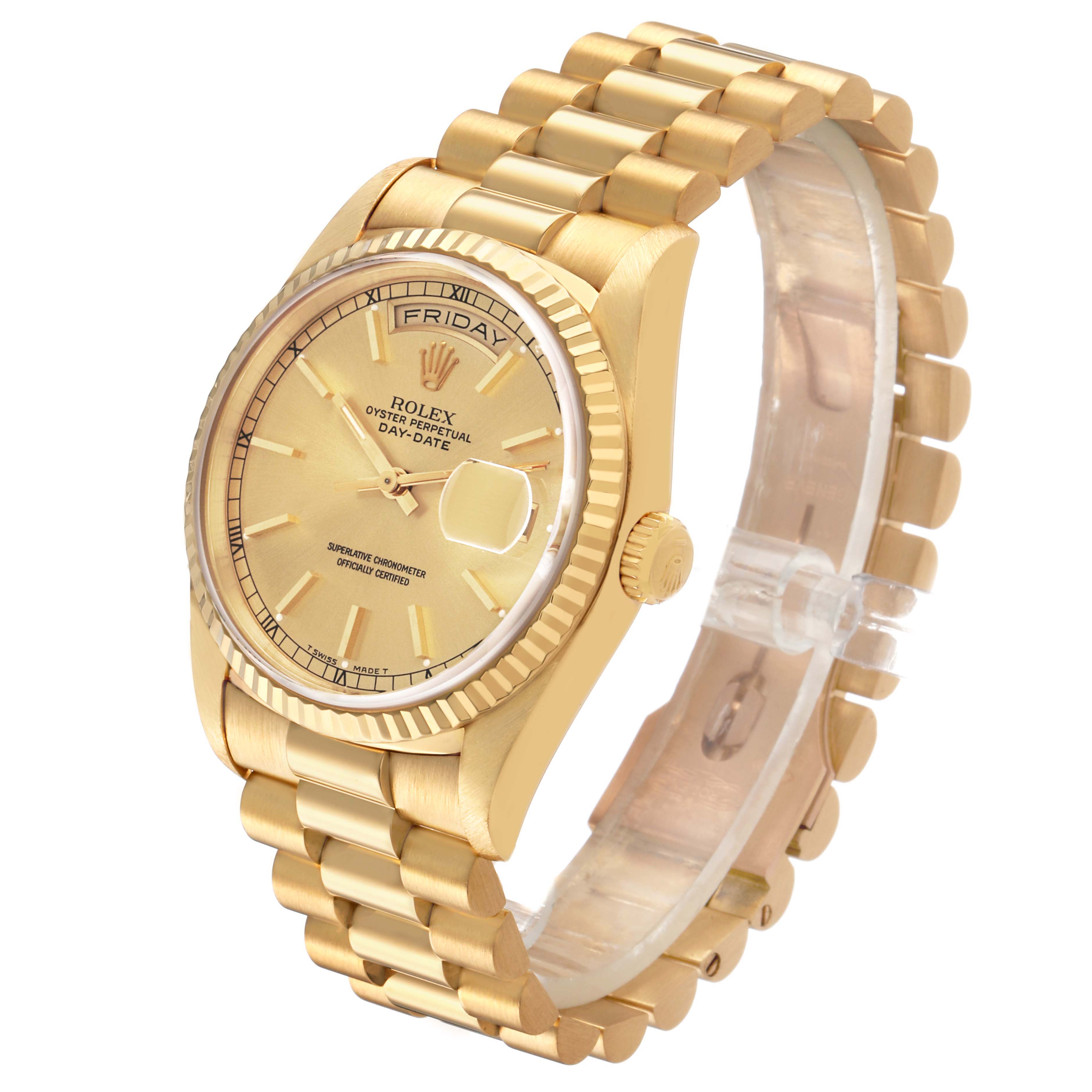 The Rolex President 18238 Men's Yellow Gold Champagne Dial model watch is shown at a slight angle, displaying the bracelet, dial, and fluted bezel.