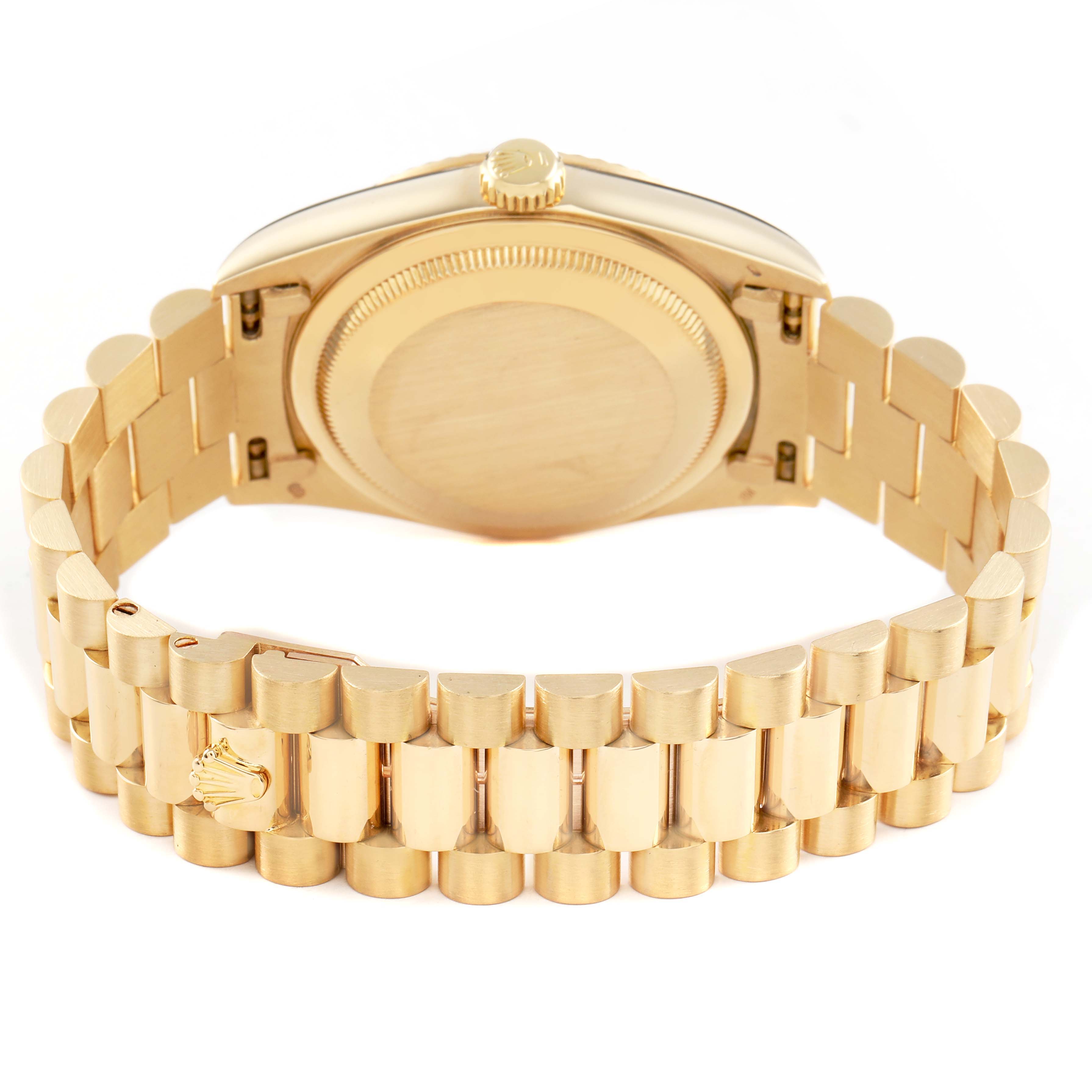 The image shows the back case and bracelet of a Rolex President 18238 Men's Yellow Gold Champagne Dial model watch, viewed from the rear angle.