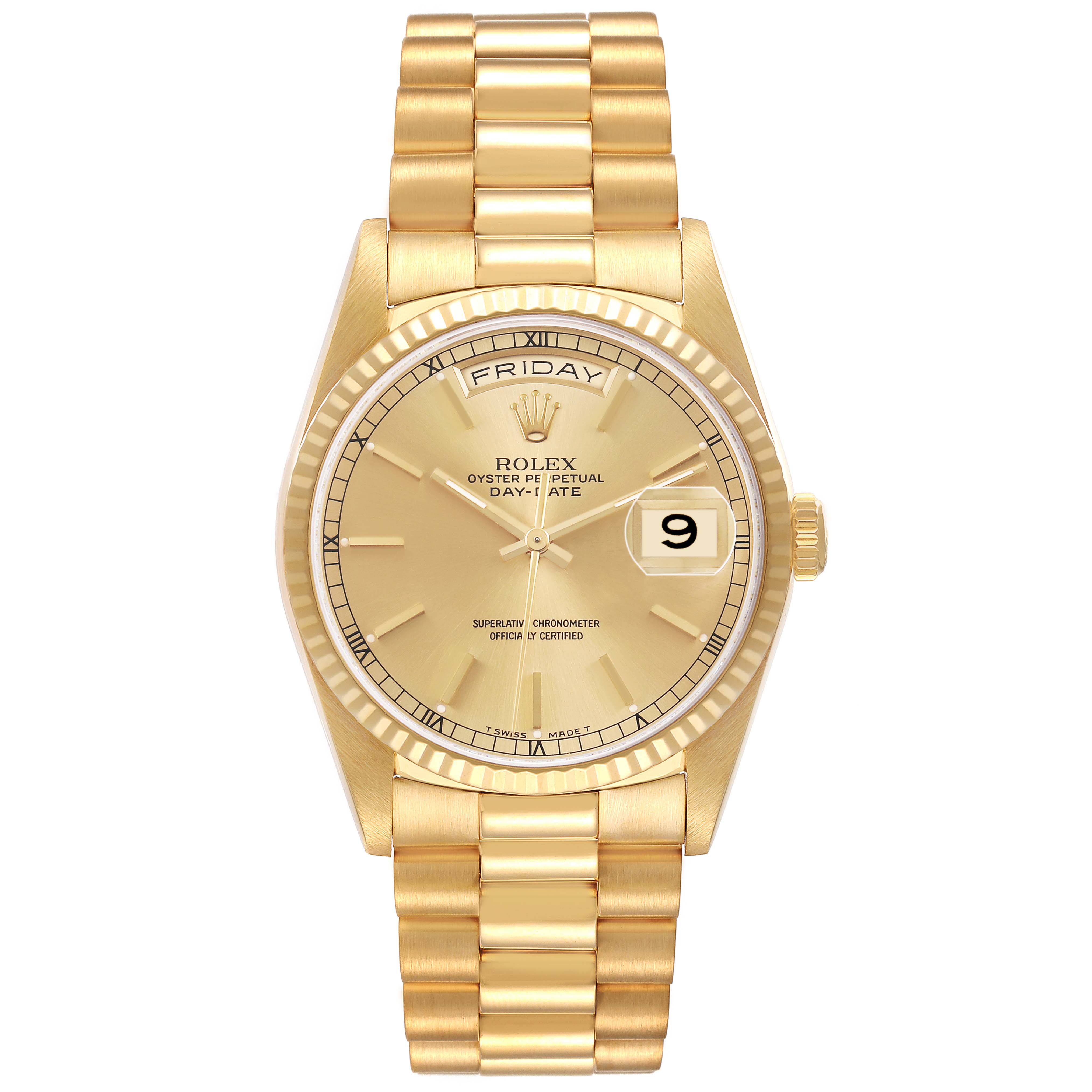 The Rolex President 18238 Men's Yellow Gold Champagne Dial model is shown from a top-down angle, displaying the watch face, bezel, bracelet, and crown.