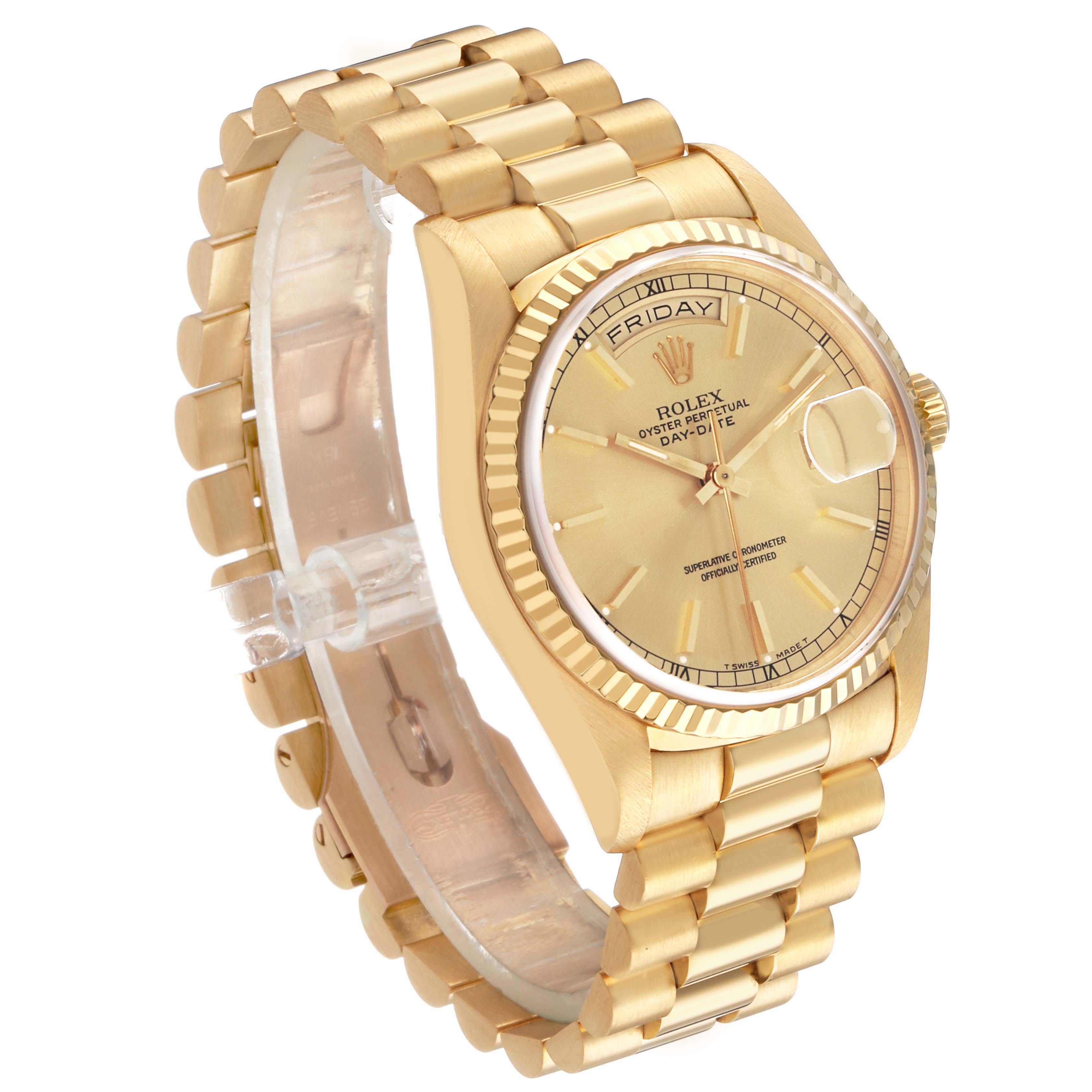 The Rolex President 18238 Men's Yellow Gold Champagne Dial model is shown at a slight angle, highlighting the dial, bezel, bracelet, and side profile.