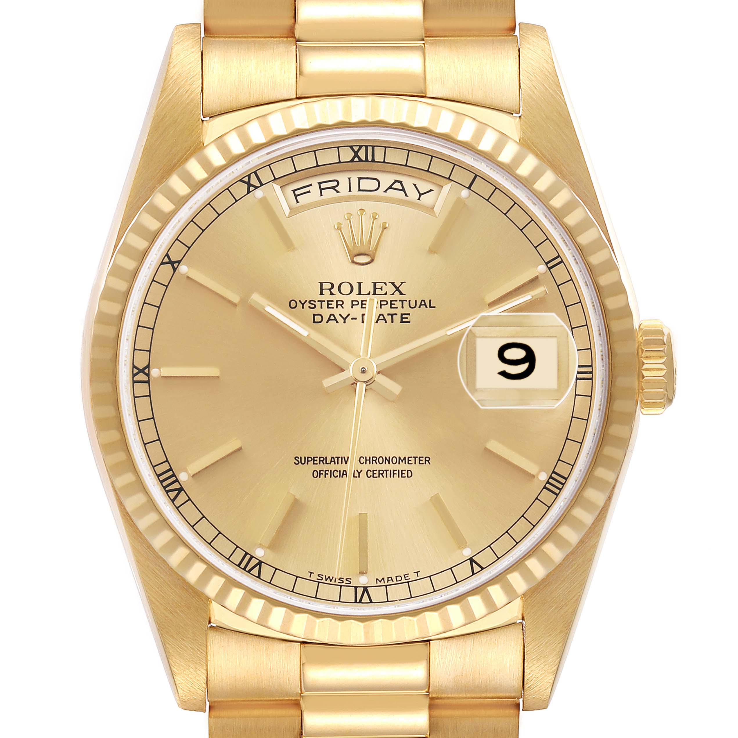 The Rolex President 18238 Men's Yellow Gold Champagne Dial model is shown from a frontal angle, highlighting its gold case, bracelet, day-date display, and crown.