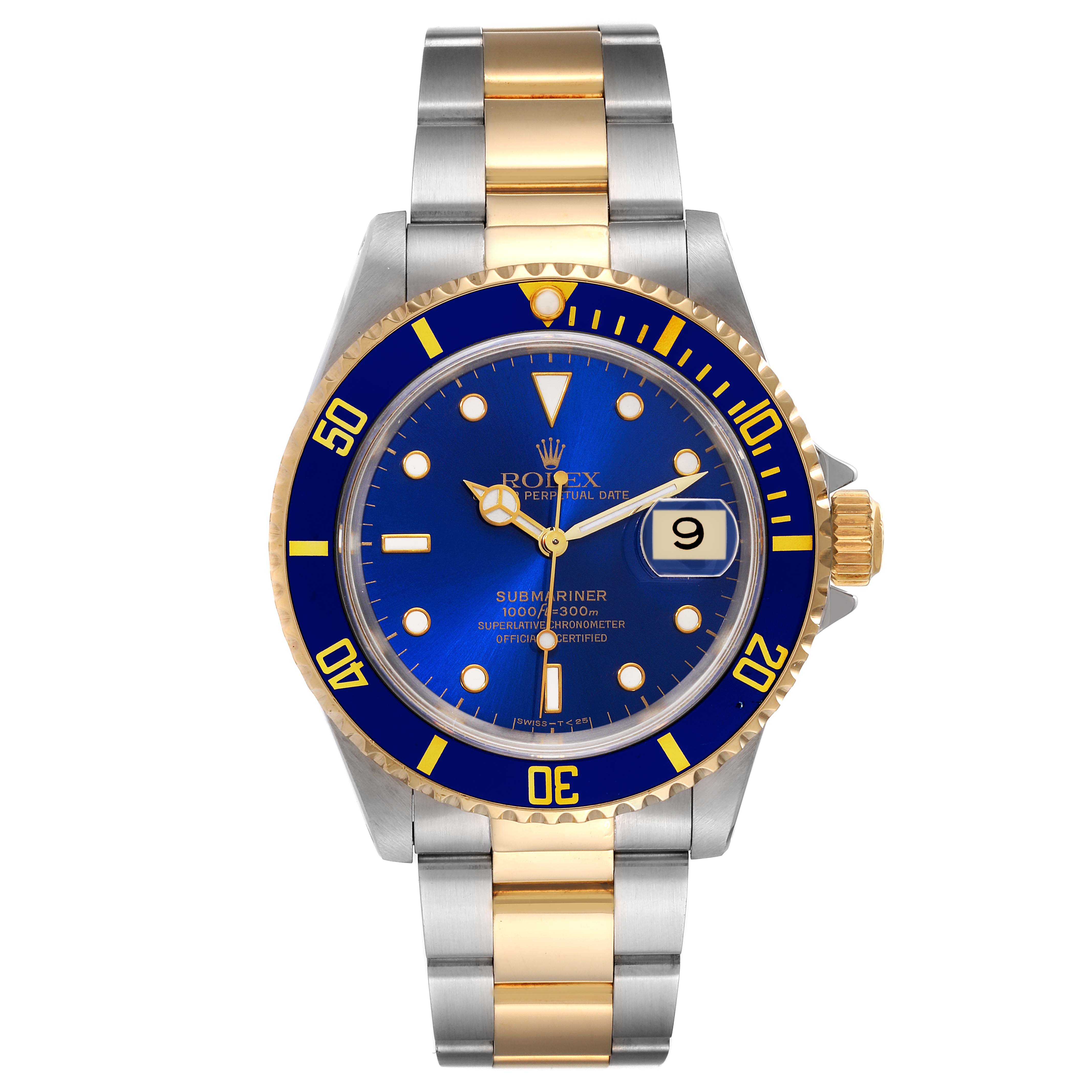 This Rolex Submariner 16613 Men's Steel and Gold (two tone) Blue Dial 16613 Men's Steel and Gold (two tone) Blue Dial watch is shown from the front, displaying the blue dial, date window, and two-tone metal bracelet.