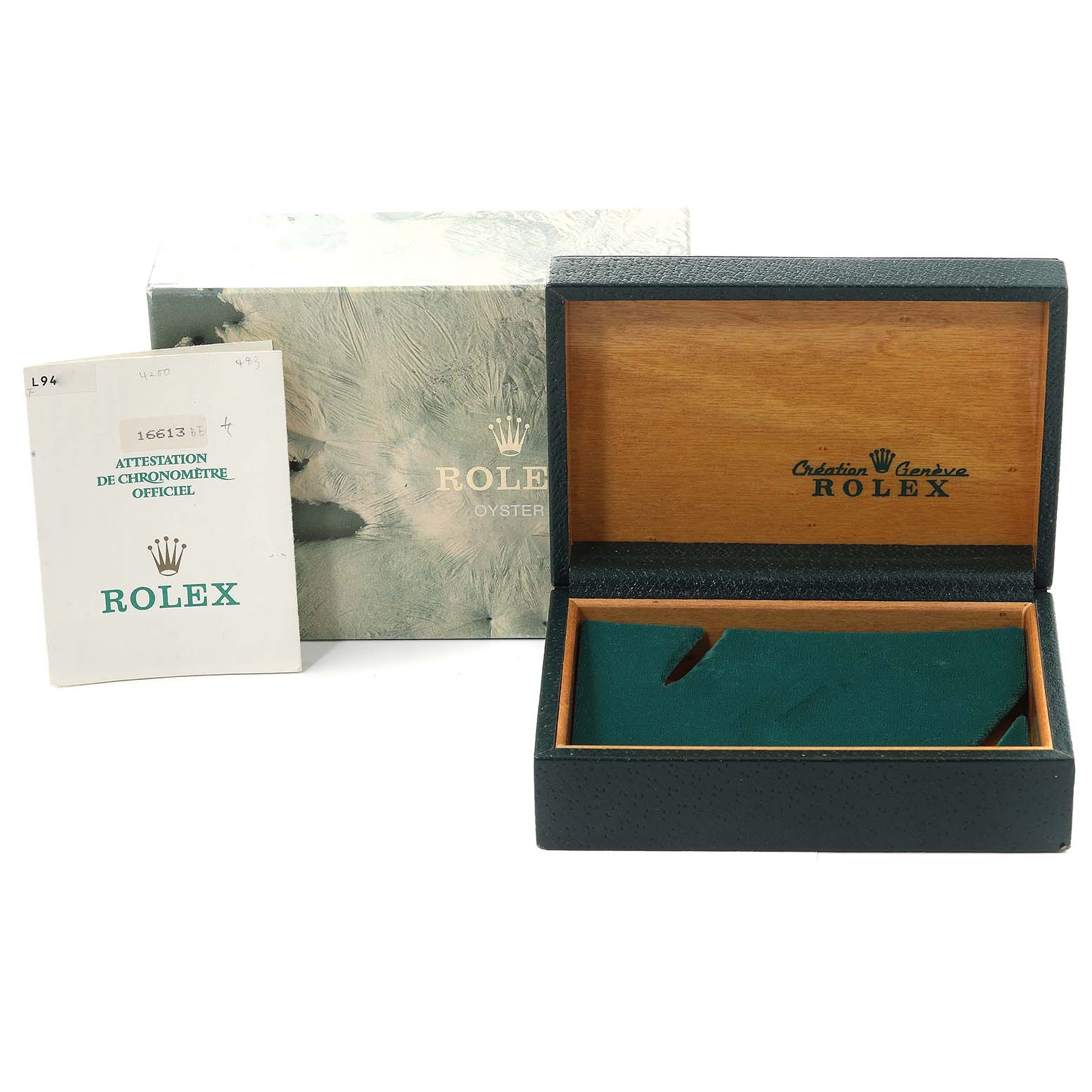 The image shows a Rolex Submariner 16613 Men's Steel and Gold (two tone) Blue Dial 16613 Men's Steel and Gold (two tone) Blue Dial watch's box, outer packaging, and an official certification document.