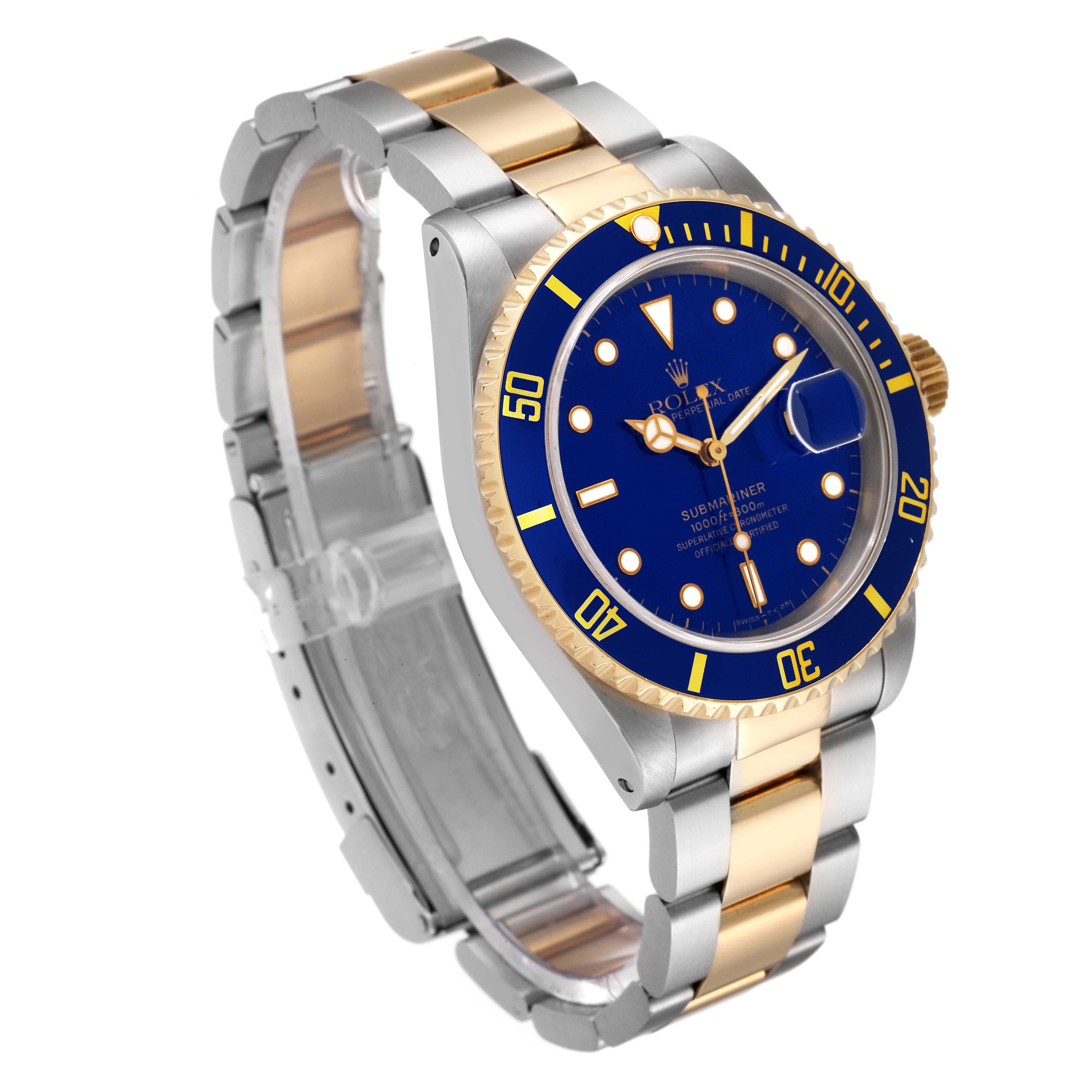 The Rolex Submariner 16613 Men's Steel and Gold (two tone) Blue Dial 16613 Men's Steel and Gold (two tone) Blue Dial watch is shown at a slight angle, displaying its blue dial, bezel, and two-tone bracelet.