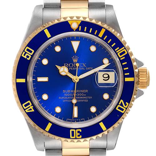 The Rolex Submariner watch is shown from a front angle, highlighting its blue dial, bezel, and the date window.