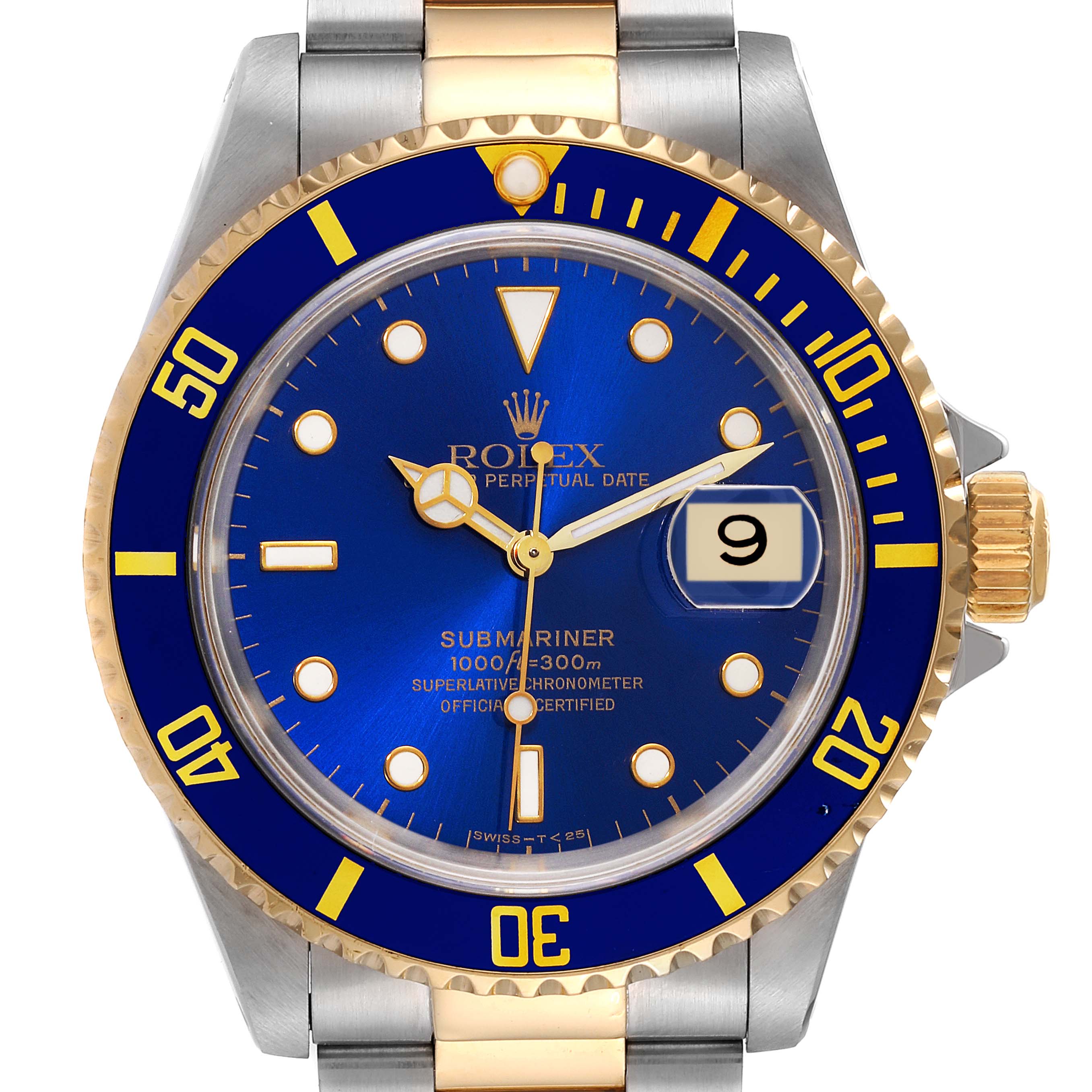 This image shows a front view of a Rolex Submariner 16613 Men's Steel and Gold (two tone) Blue Dial 16613 Men's Steel and Gold (two tone) Blue Dial watch, highlighting the blue dial, date function, and two-tone bezel and bracelet.