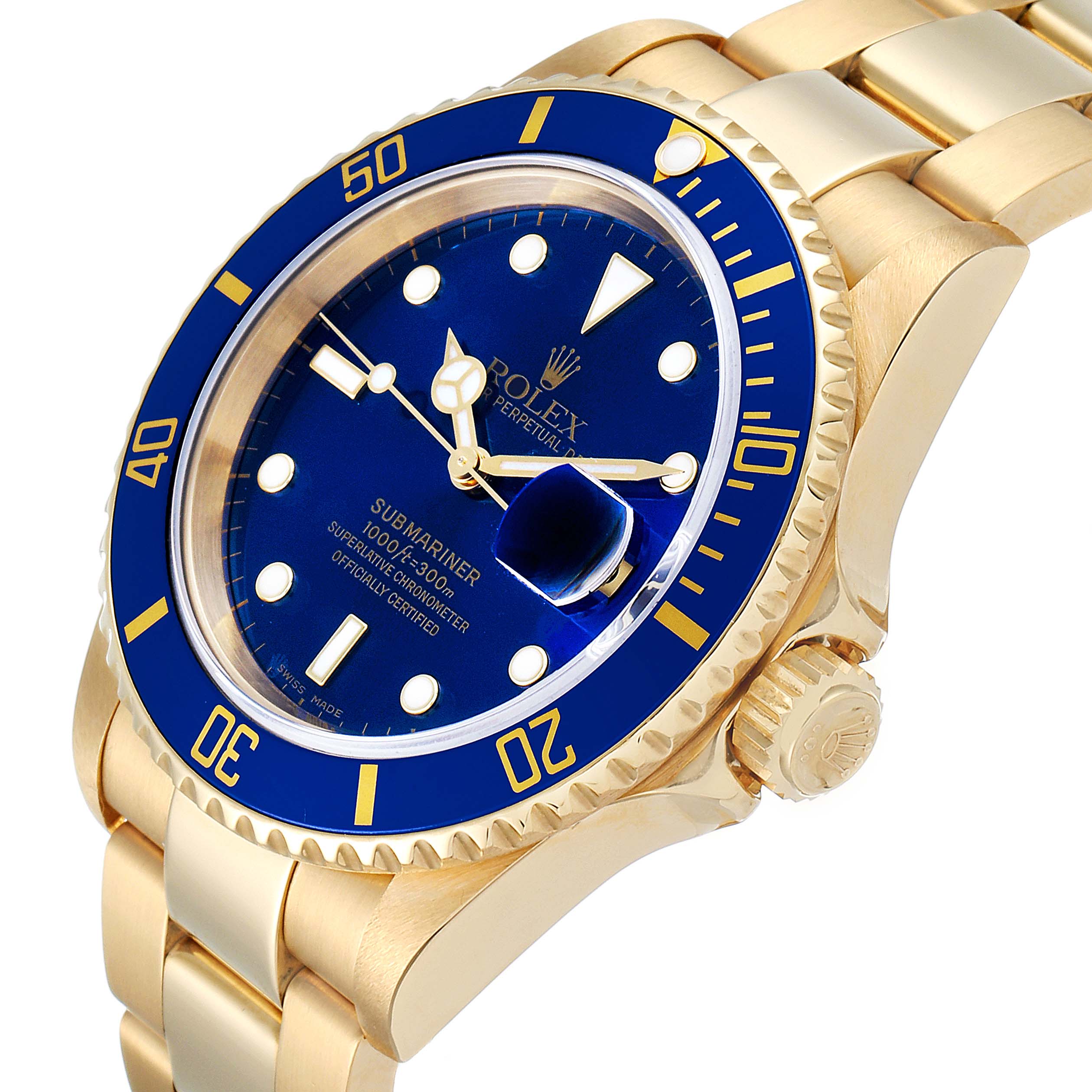 This image shows a close-up angle of the Rolex Submariner 16618 Men
s Yellow Gold Blue Dial 16618 Men
s Yellow Gold Blue Dial watch, specifically highlighting the blue dial, bezel, case, and bracelet.