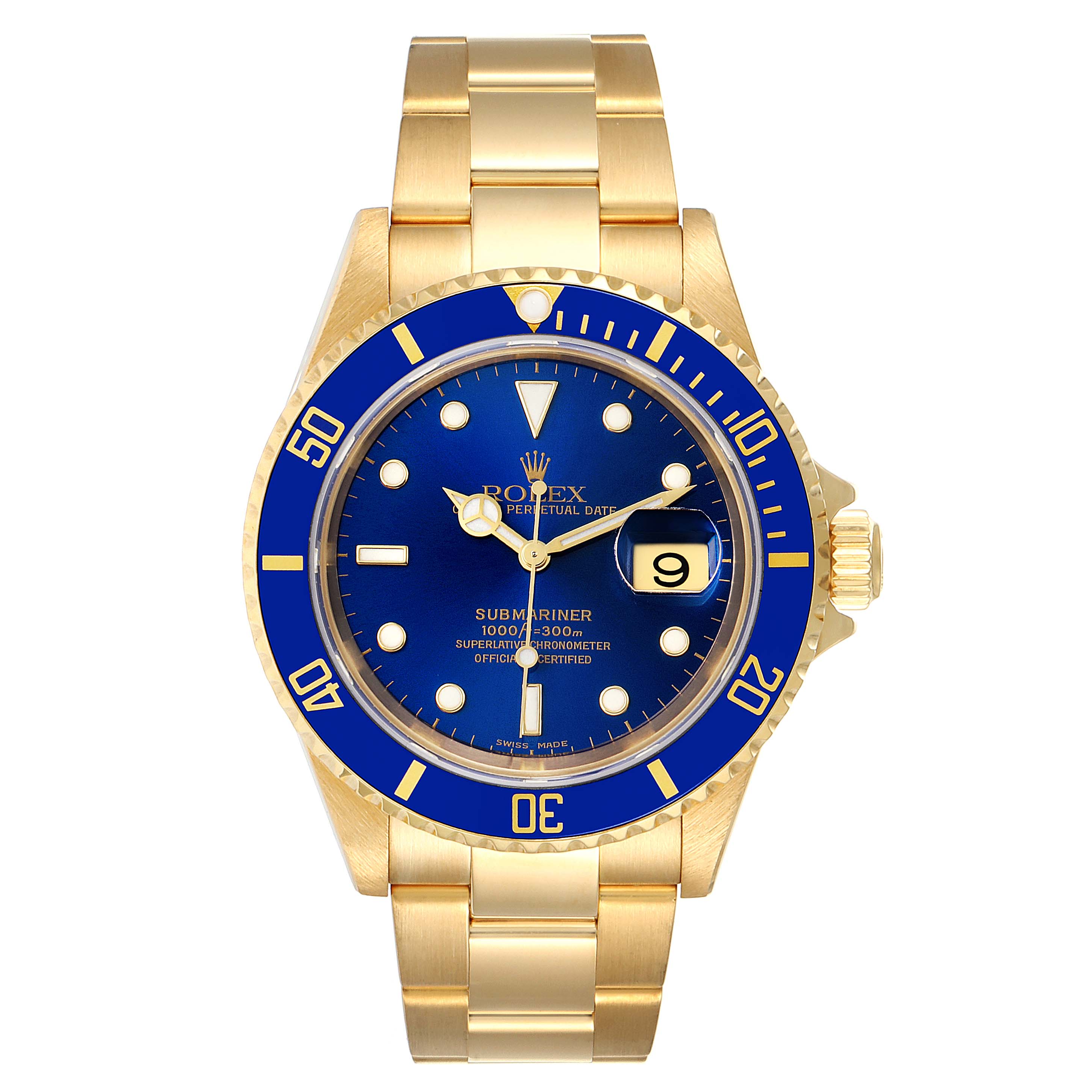 The image shows a front view of a Rolex Submariner 16618 Men
s Yellow Gold Blue Dial 16618 Men
s Yellow Gold Blue Dial watch with a gold band and a blue dial.