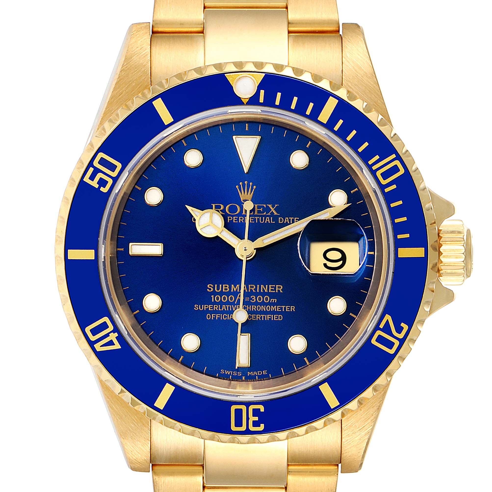 The Rolex Submariner 16618 Men
s Yellow Gold Blue Dial 16618 Men
s Yellow Gold Blue Dial watch is shown from the front, displaying its blue dial, date function, and gold bracelet.