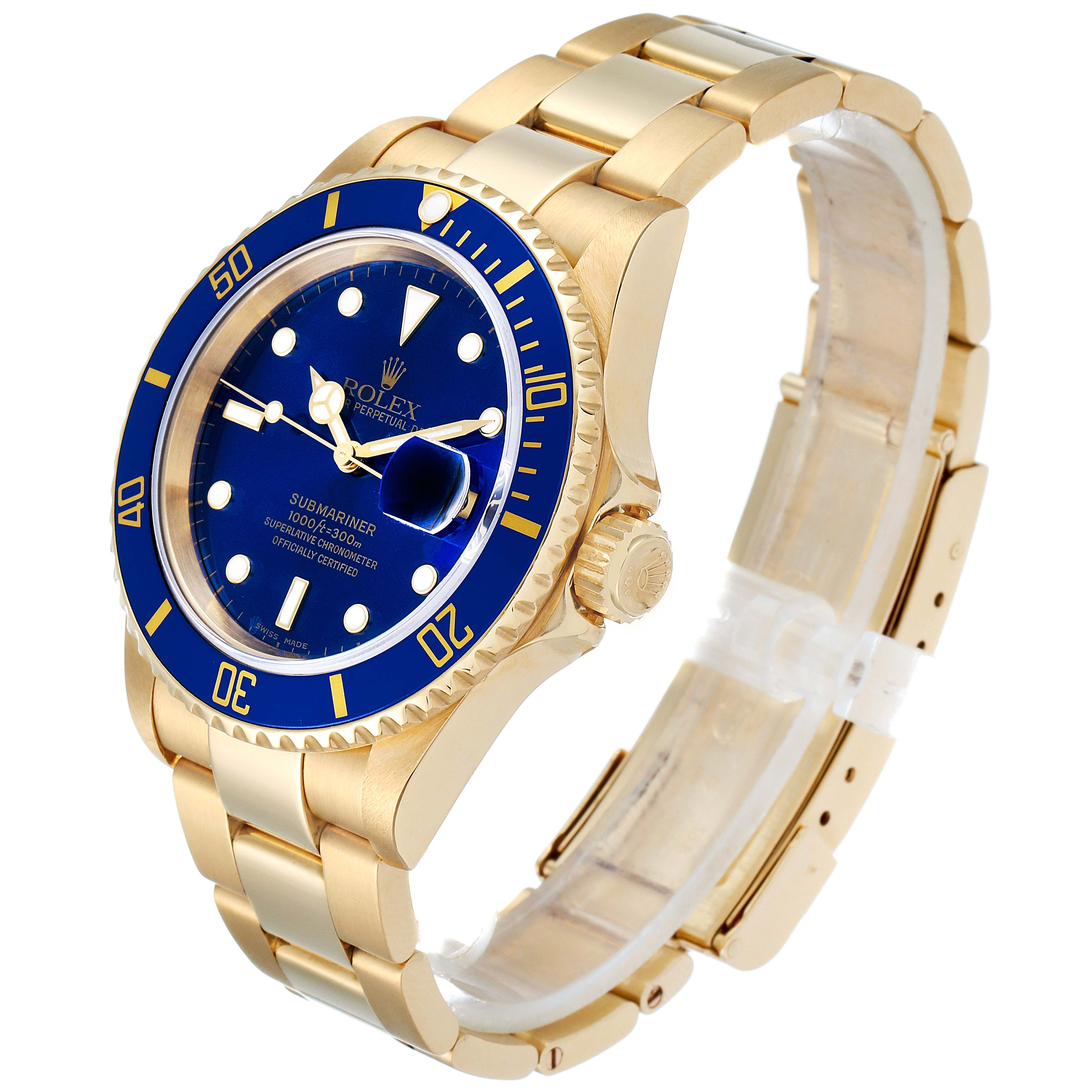 Rolex Submariner Yellow Gold Blue Dial 40mm Mens Watch 16618 Box Papers ...