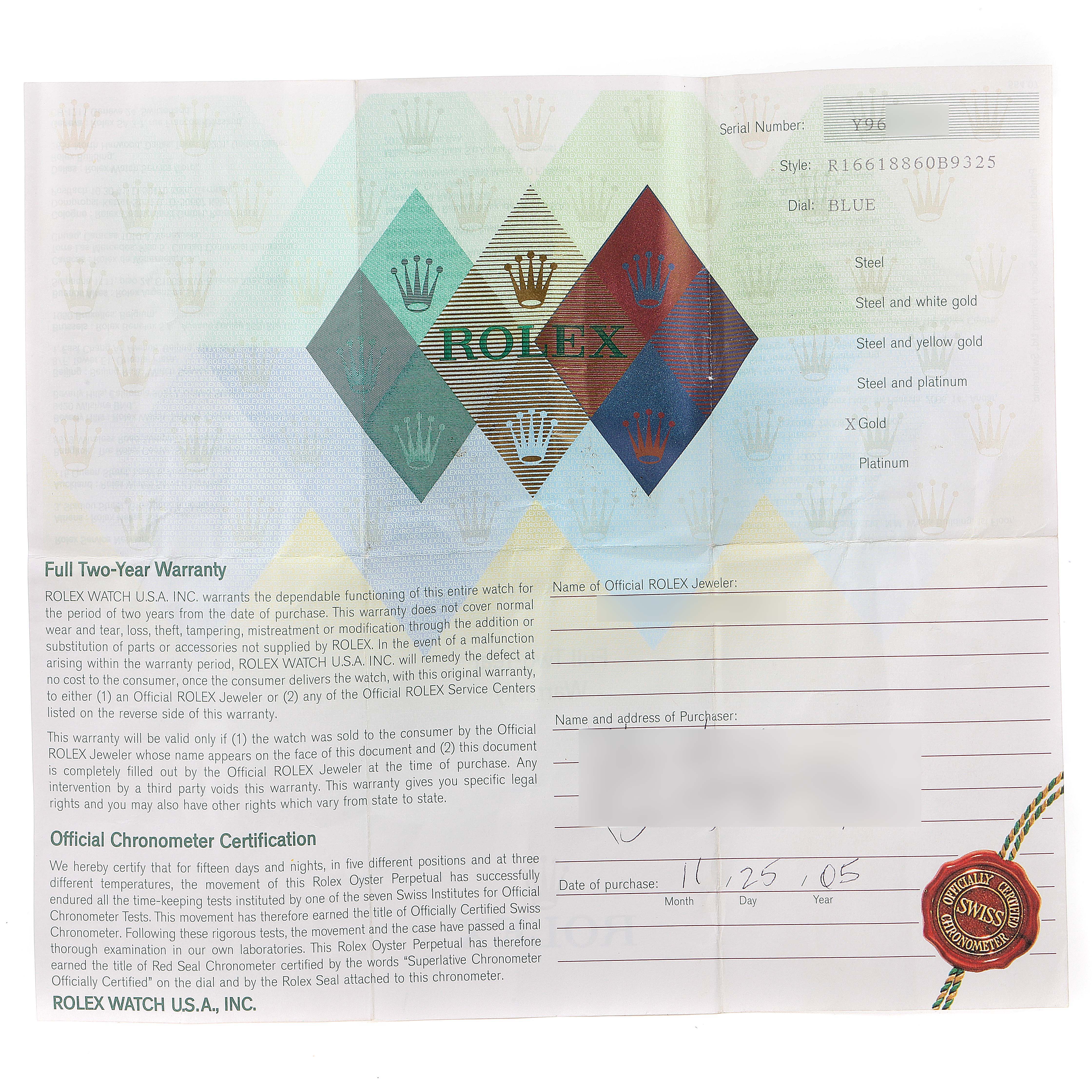This image shows the warranty and certification paperwork for a Rolex Submariner 16618 Men
s Yellow Gold Blue Dial 16618 Men
s Yellow Gold Blue Dial watch.