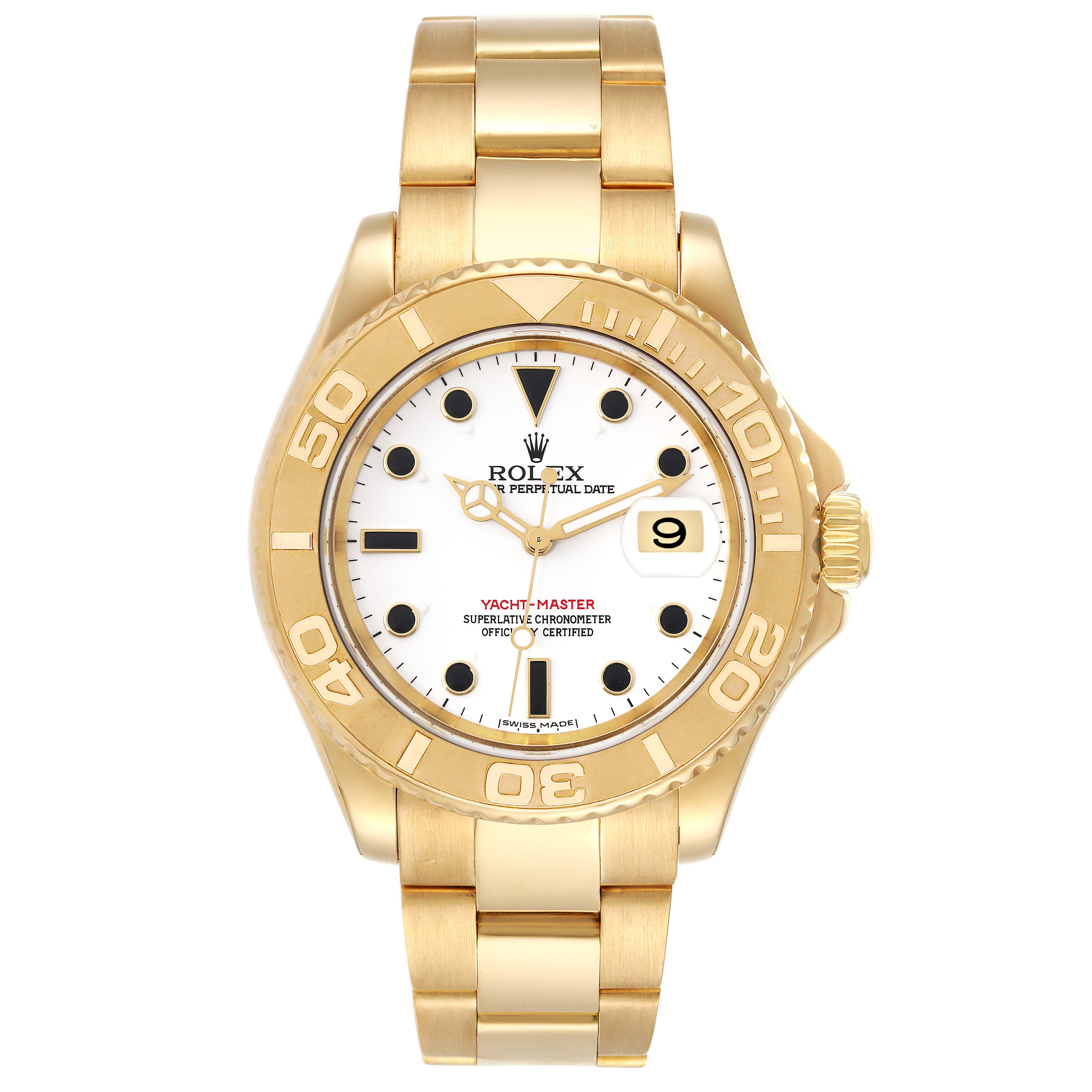 The Rolex Yacht-Master 16628 Men's Yellow Gold White Dial 16628 Men's Yellow Gold White Dial watch is shown from a front view highlighting the dial, bezel, and bracelet.
