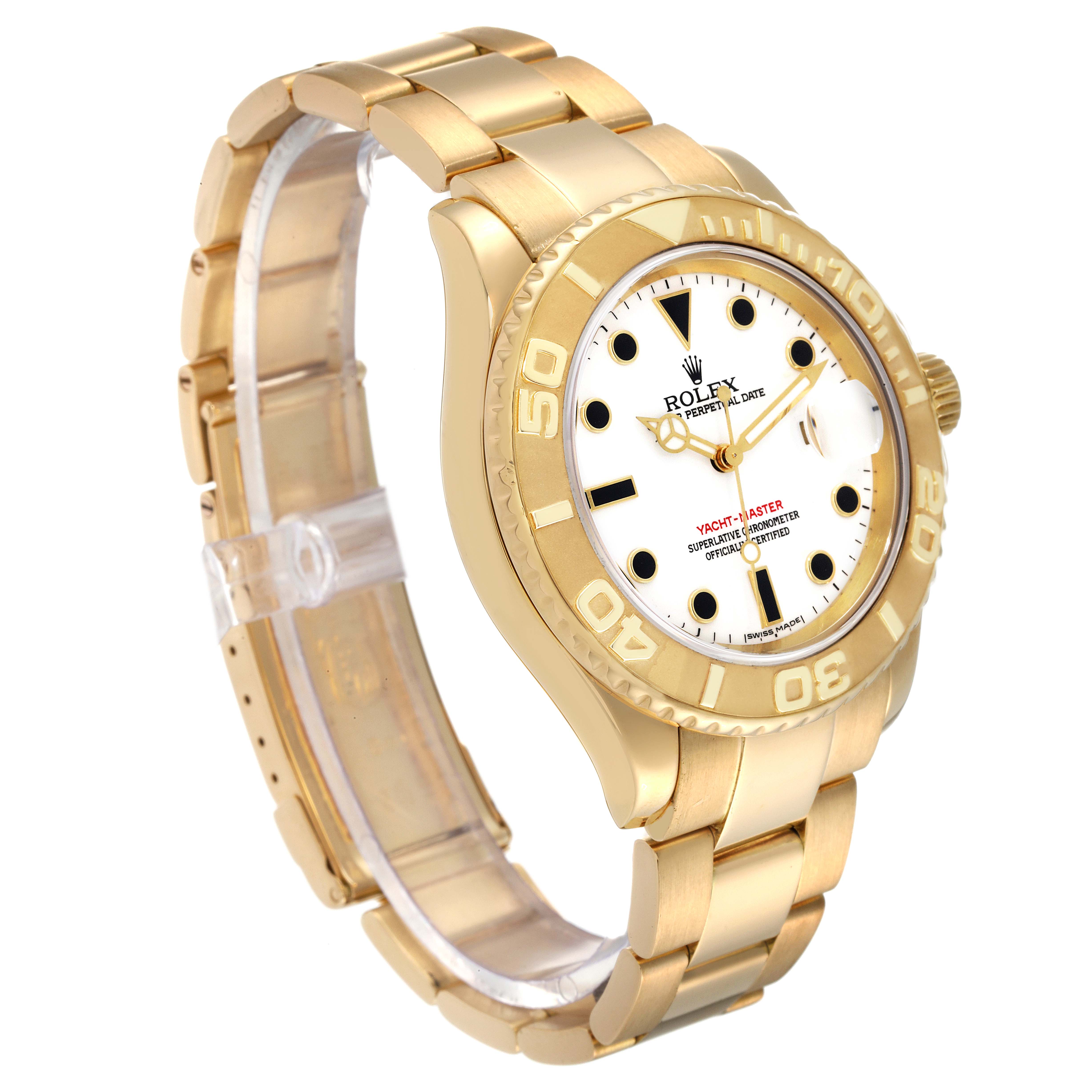 This Rolex Yacht-Master 16628 Men's Yellow Gold White Dial 16628 Men's Yellow Gold White Dial watch is shown at a front-left angle, displaying the bracelet, bezel, crown, and dial.