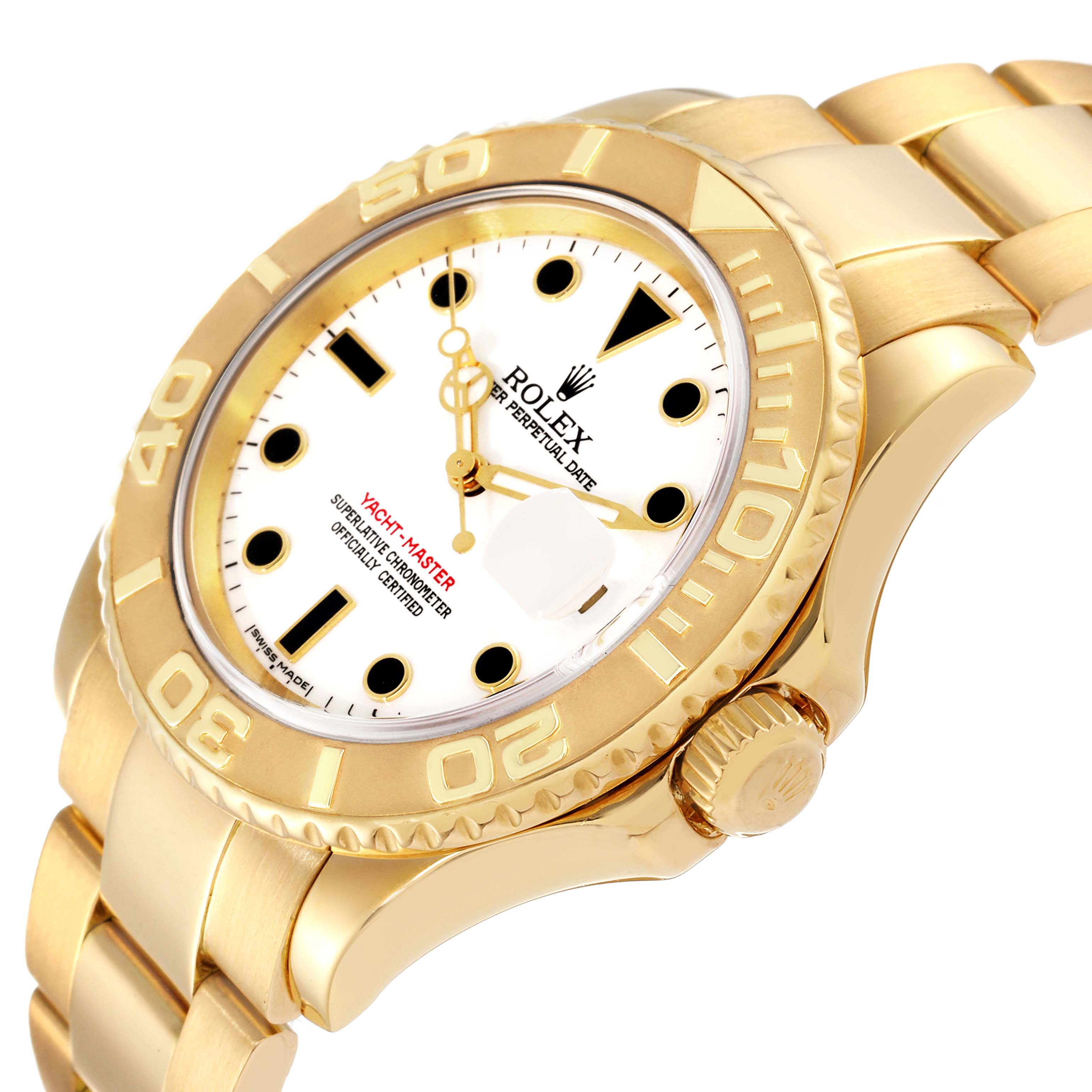 The image shows the Rolex Yacht-Master 16628 Men's Yellow Gold White Dial 16628 Men's Yellow Gold White Dial watch at a slight angle, highlighting the face, bezel, crown, and part of the bracelet.